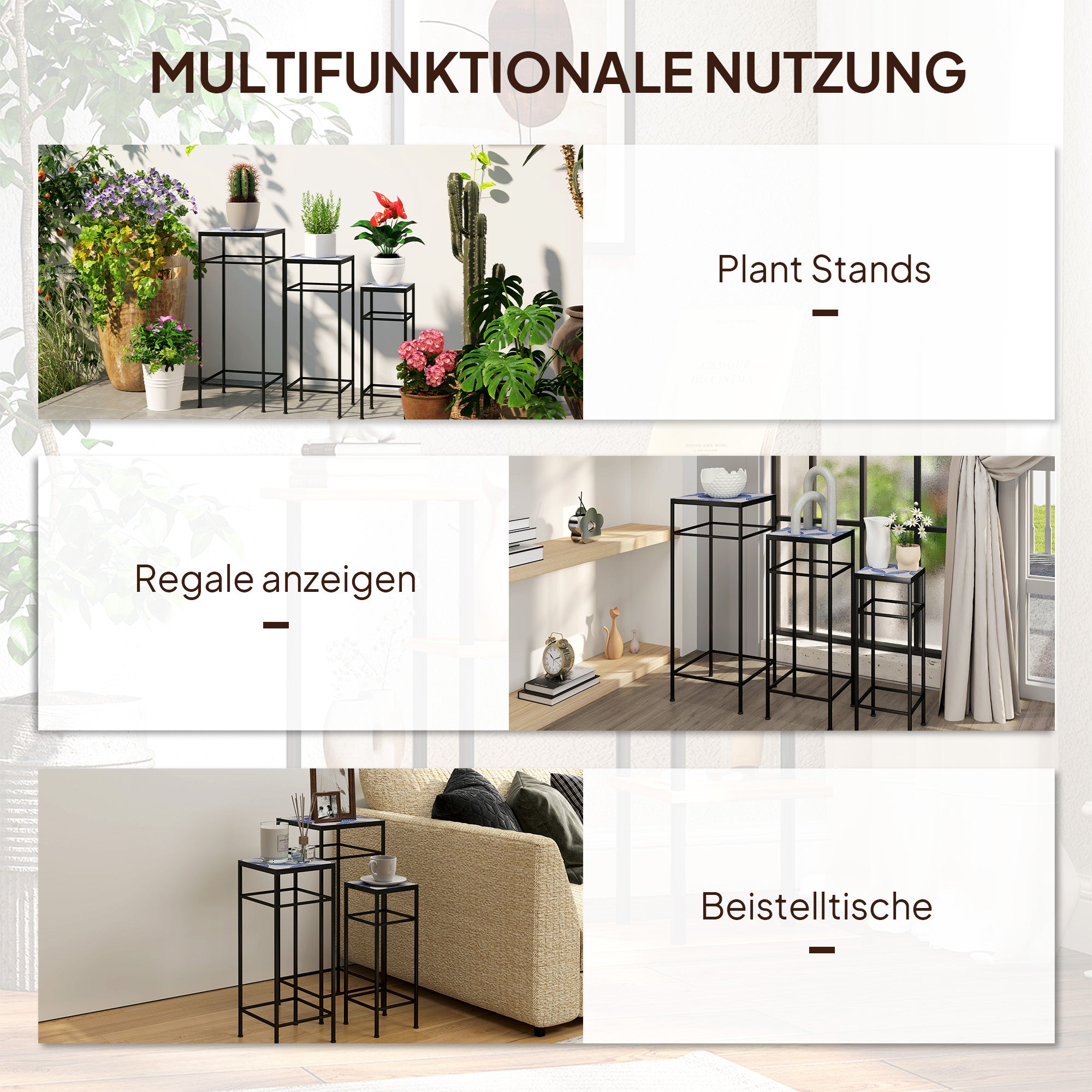 Outsunny 3er-Set Pflanzenständer, 3 verschieden große Gestelle zum Präsentieren von Blumen und anderen Gegenständen, Blau+Weiß