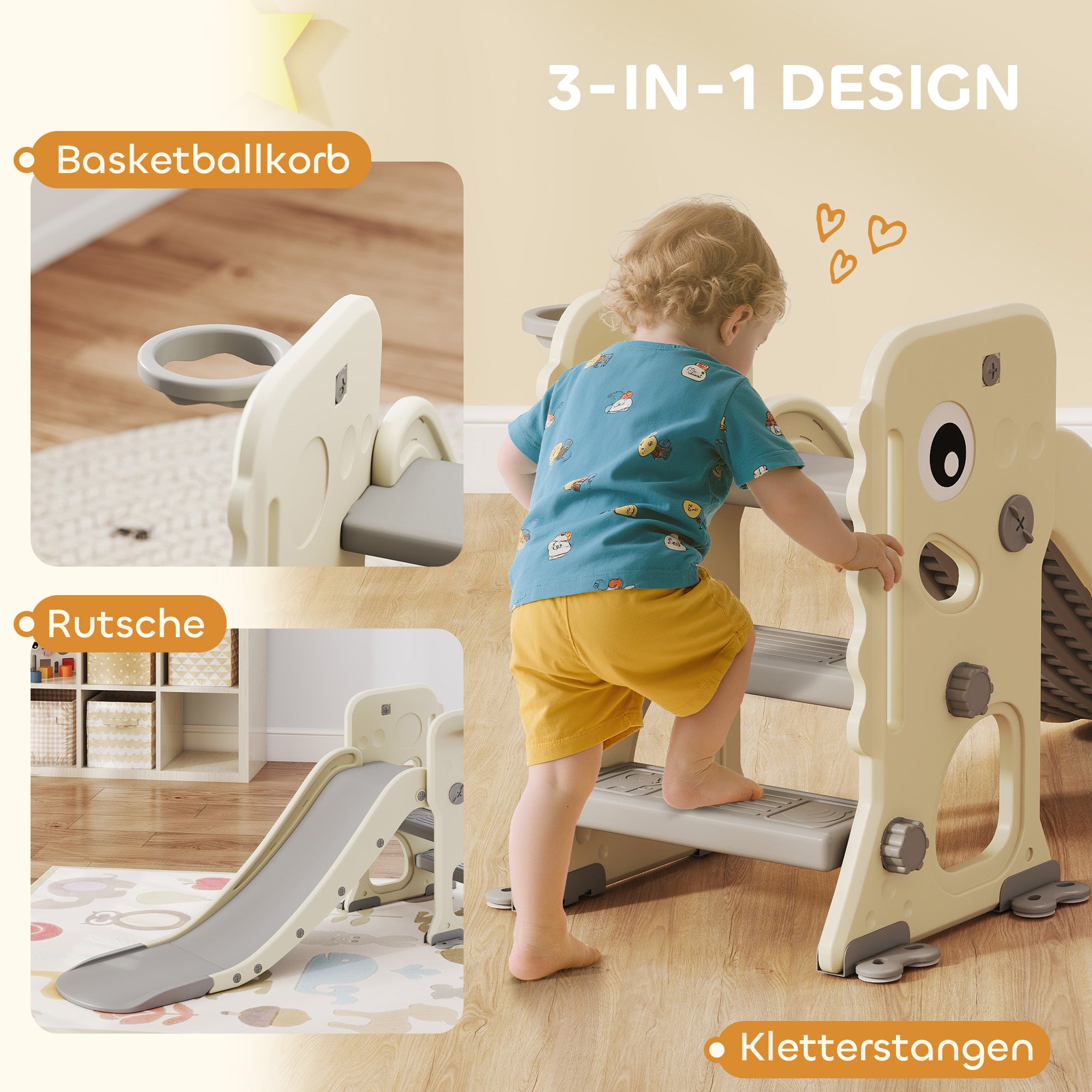 AIYAPLAY 3-in-1-Kinderrutsche mit Klettergerüst, Basketballkorb Ball, faltbare Indoor-Kleinkindrutsche für Kinder 2–5 Jahren