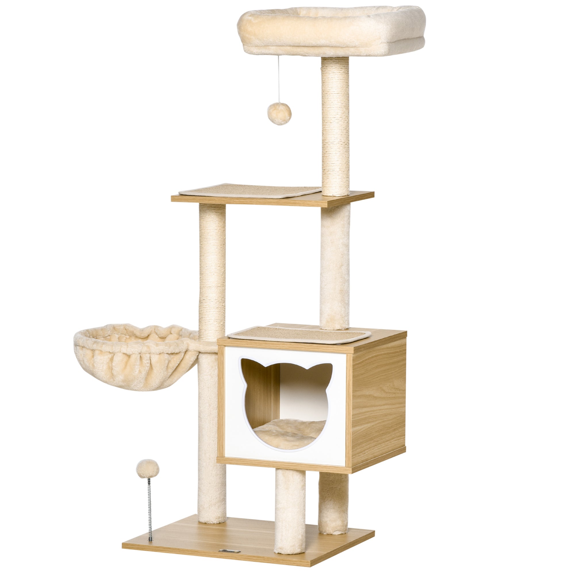 PawHut Kratzbaum Katzenbaum mit Katzenhöhle Plattform Höhe 126 cm Kletterbaum aus Holz Katzenkratzbaum Spanplatte Sisal Kurzplüsch Beige 48 x 40 x 126 cm