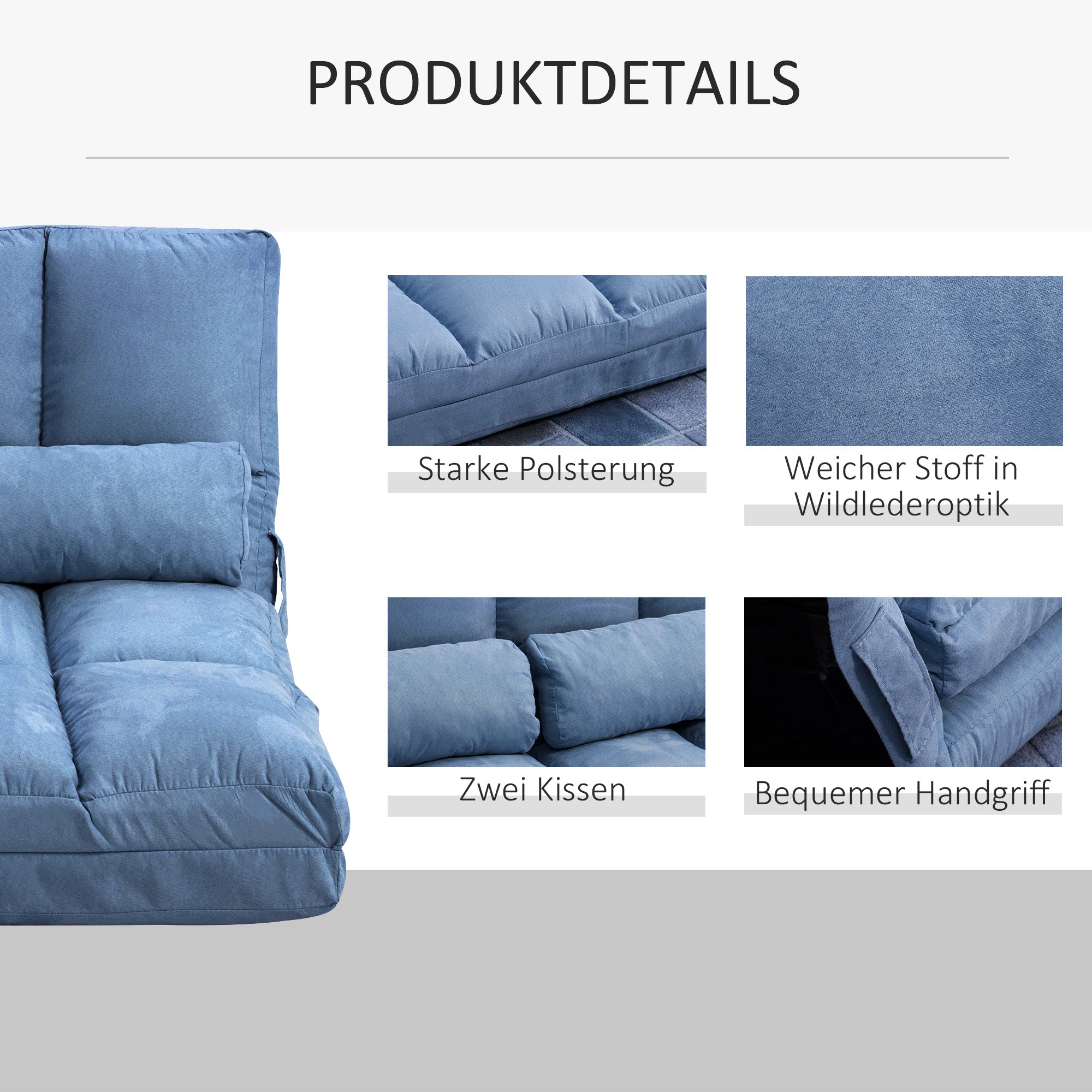HOMCOM Bodensofa Schlafsofa Sofa, klappbar, verstellbare Rückenlehne, 102 cm x 73 cm x 60 cm , Blau