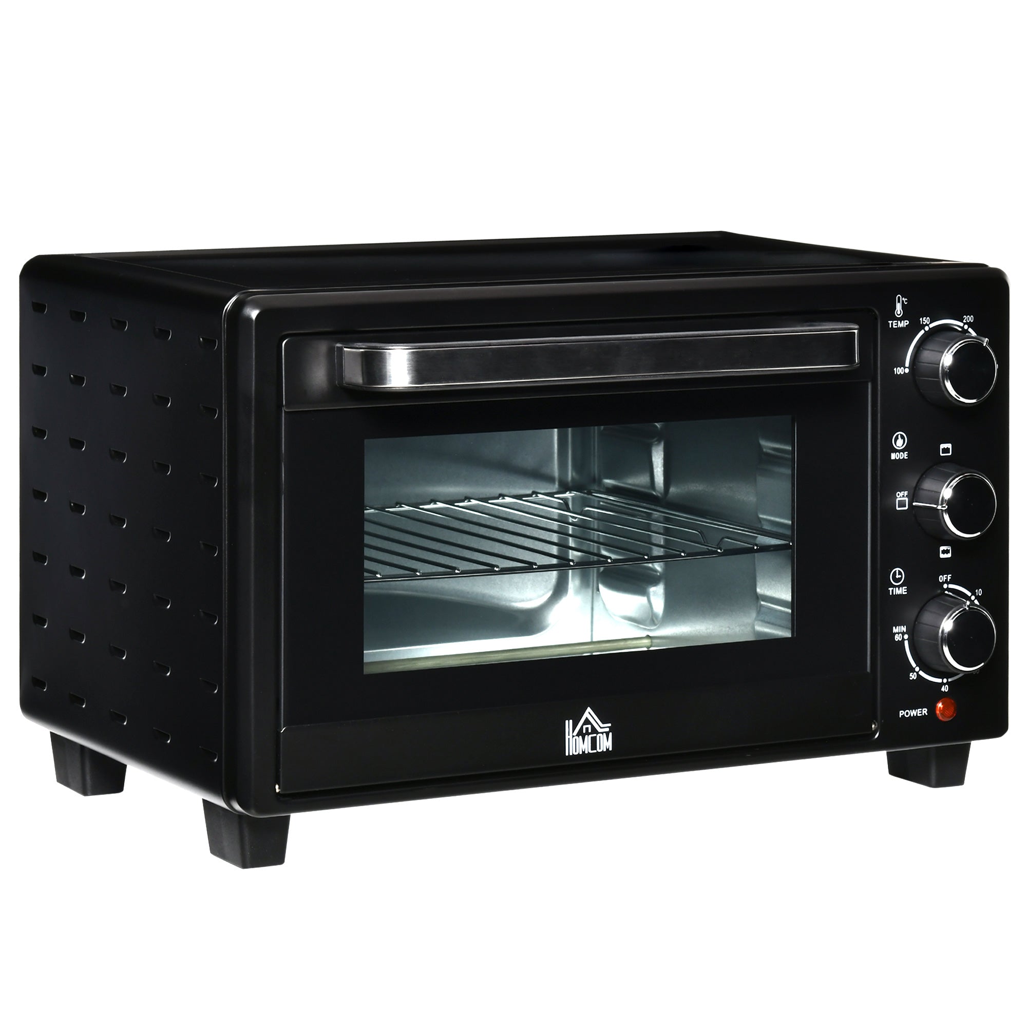 HOMCOM Minibackofen, 21 L Toasterofen mit 1 Drahtgestell und 1 Backblech, 3 Kochmodi, 100 °C-230 °C, Edelstahl, Glas, Schwarz