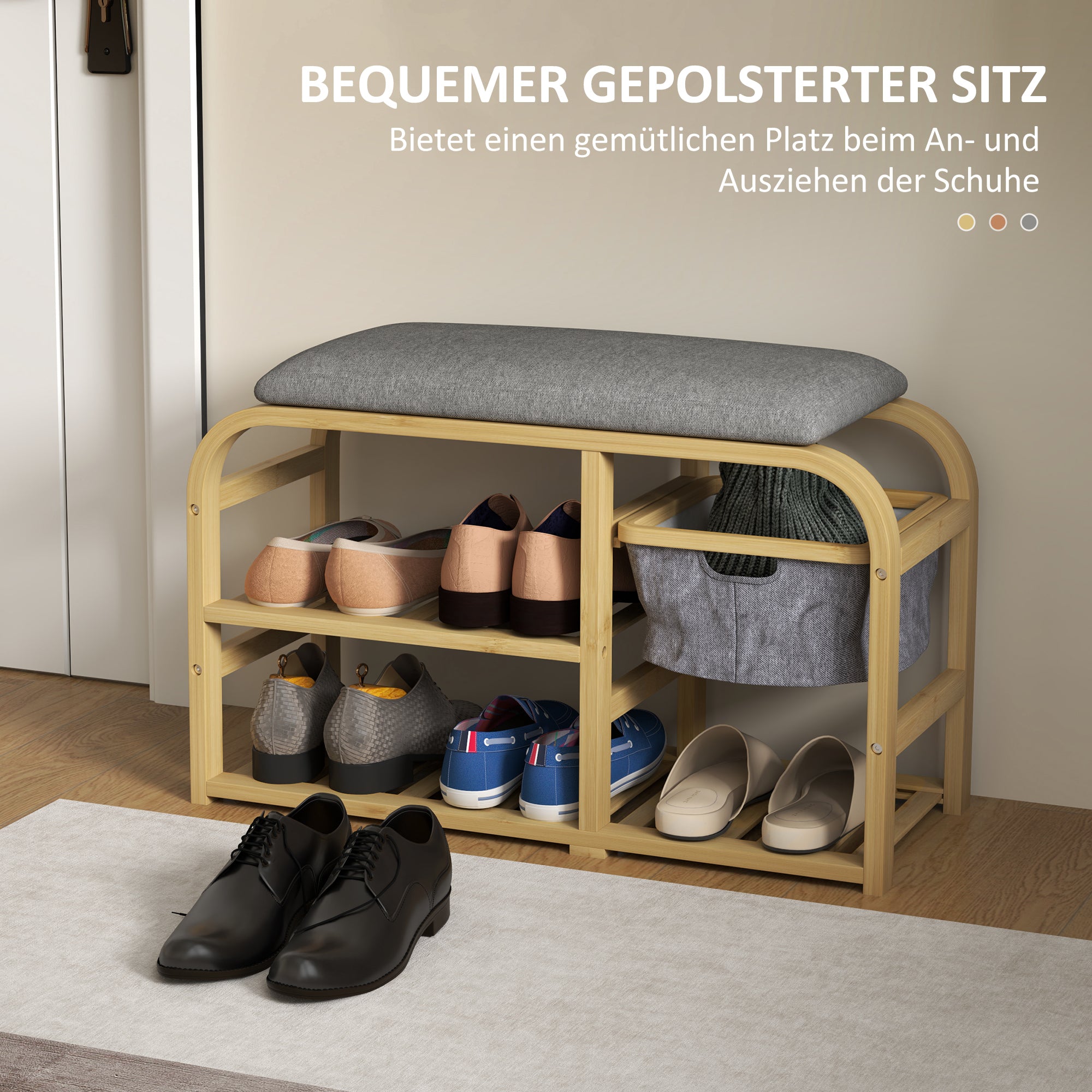 HOMCOM Schuhbank mit Regalen, Schuhaufbewahrungsbank, Bambus, Polstersitz, Grau