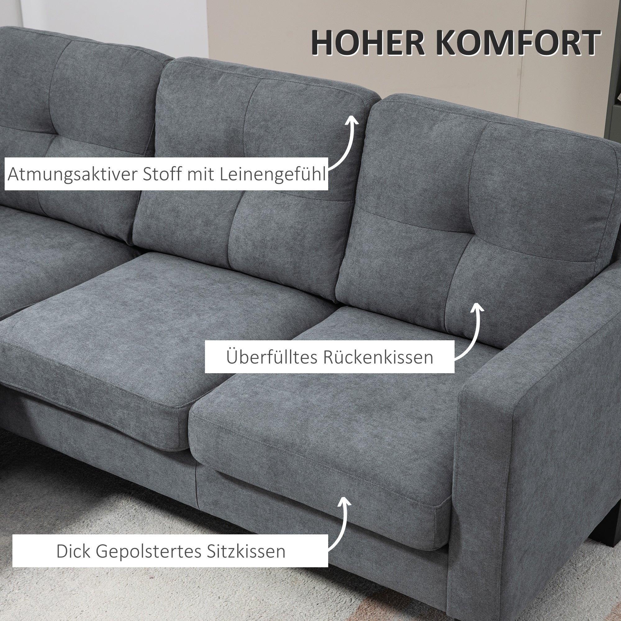 HOMCOM Ecksofa in L-Form, beidseitig anbringbare Chaiselongue, Polstersofa, Dunkelgrau