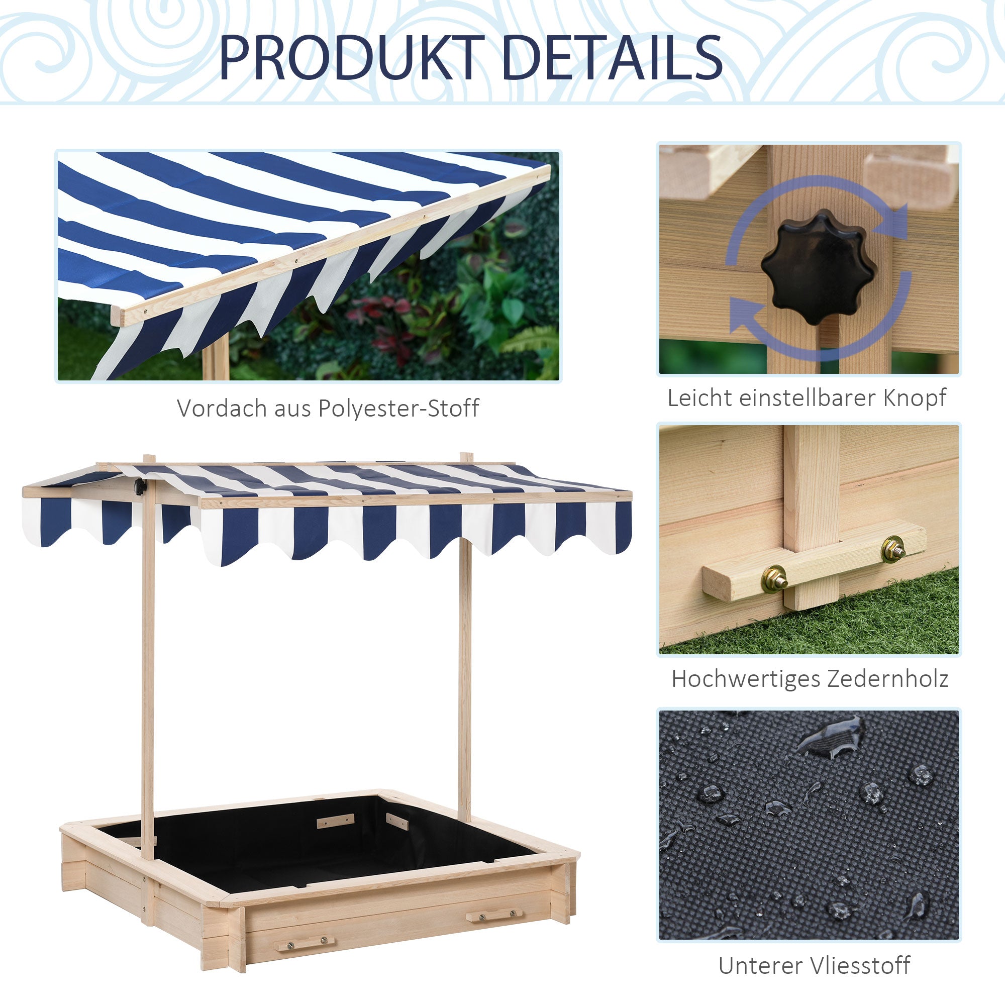 Outsunny Sandkasten Sandkiste aus Holz für Garten Sandkasten mit Dach Felix Kindersandkasten mit Dach abnehmbar Rücklehnen verstellbar Tannenholz 3-7 Jahren 106 x 106 x 115 cm Natur