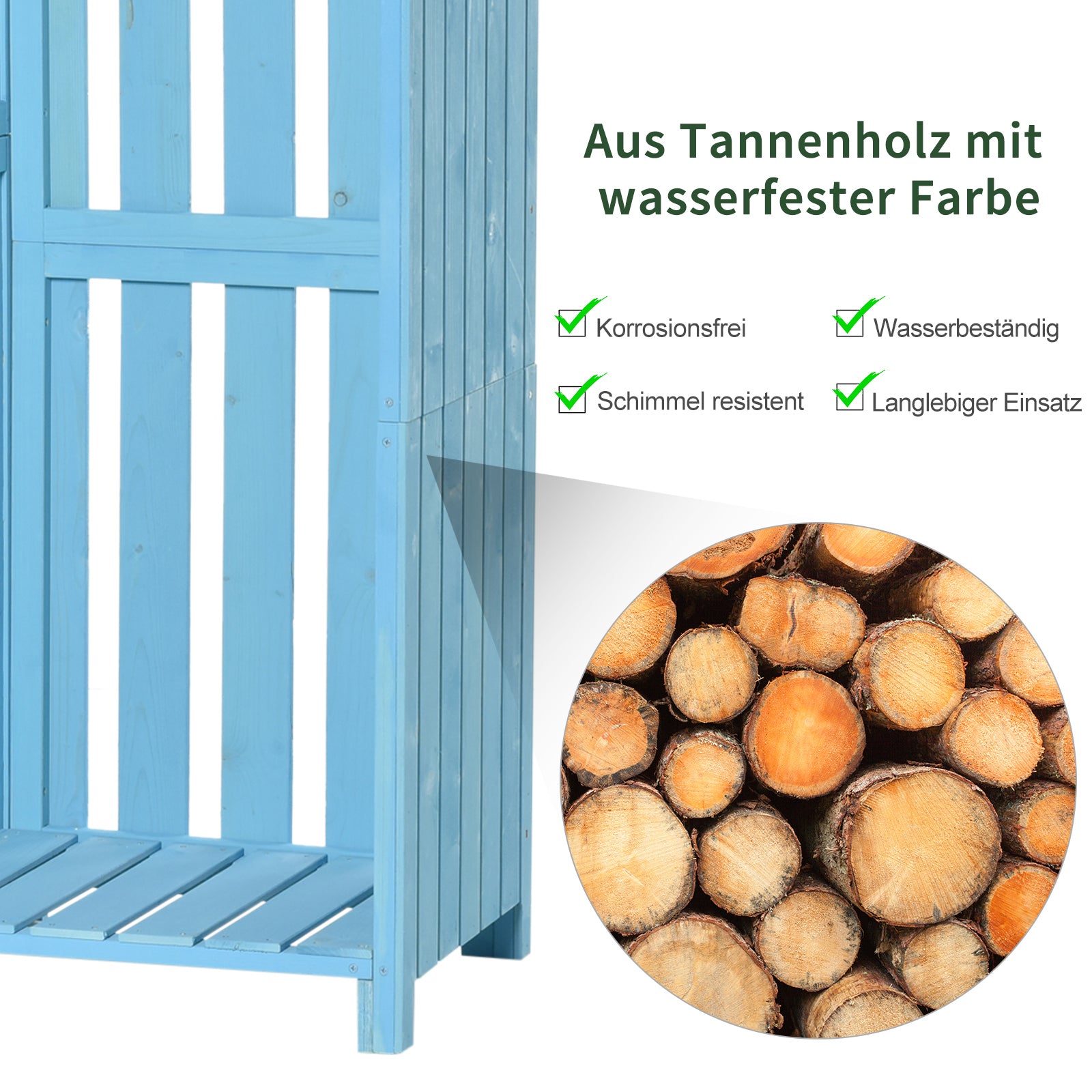 Outsunny Gartenhaus Gerätehaus Geräteschuppen mit Brennholzlagerraum Geräteschuppen mit 3 Ablagen Asphaltdach Tannenholz Himmelblau 130 x 54,5 x 180 cm