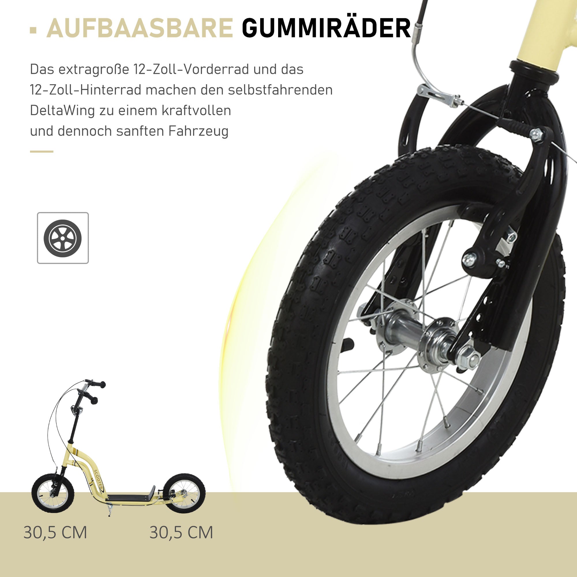 HOMCOM Kinderroller ab 5 Jahre Scooter Kinderscooter Tretroller Cityroller Kinder Roller Kickboard mit Luftreifen 12 Zoll Gummi Aluminium Beige 120 x 58 x 85-95 cm