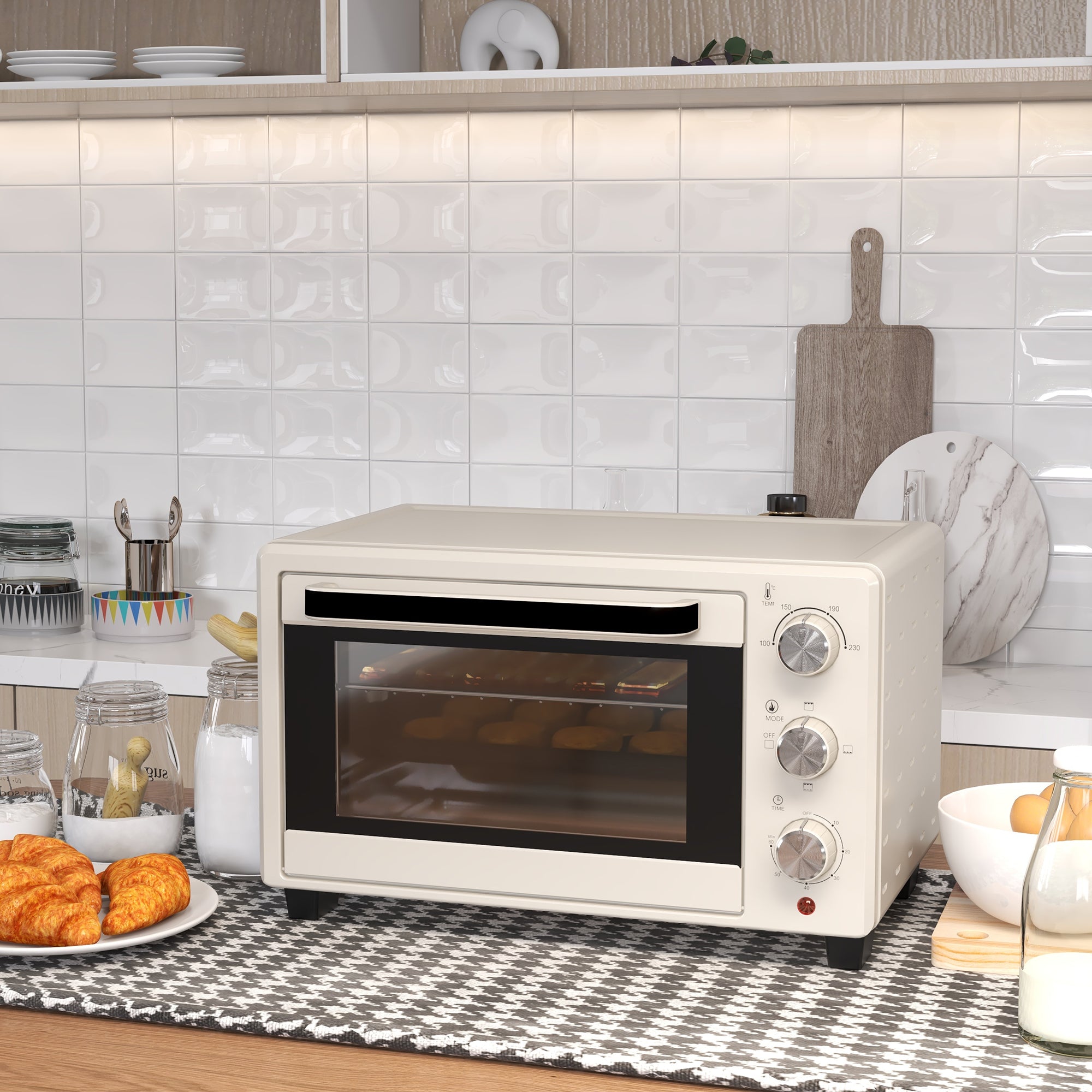 HOMCOM Minibackofen, Backofen kleine 21 L Toasterofen mit 1 Drahtgestell und 1 Backblech, 3 Kochmodi, 100 °C-230 °C, Edelstahl, Glas, Cremeweiß