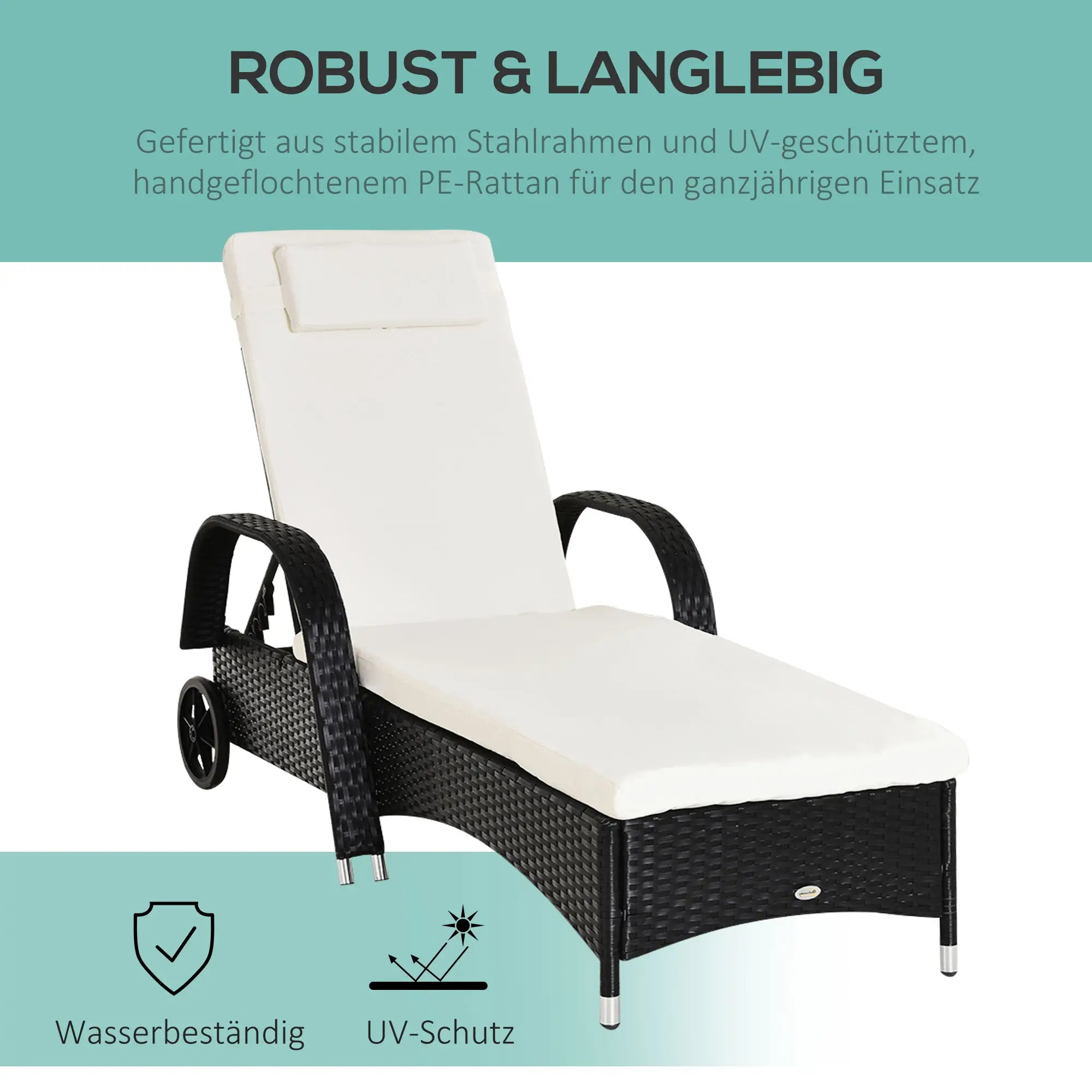 Outsunny Gartenliege Polyrattan mit Rollen 5-fach verstellbar