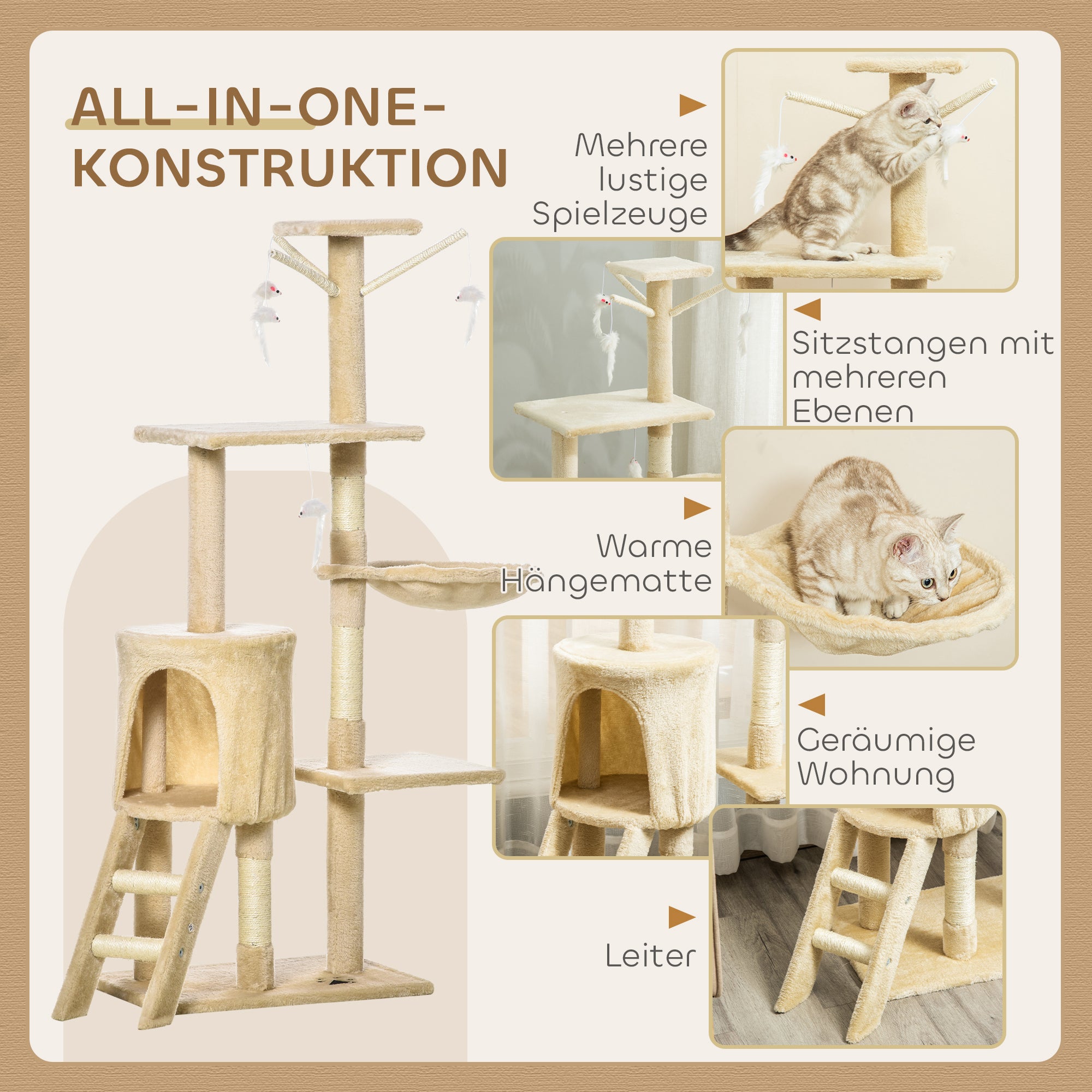 PawHut Kratzbaum 134,2 cm Katzenturm mit Höhle, 2 Spielzeuge Sisalstämme, große Plattform, Treppe, mehrstöckiger Katzenkratzbaum, Kletterbaum, für mittelgroße Katzen, Beige+Weiß