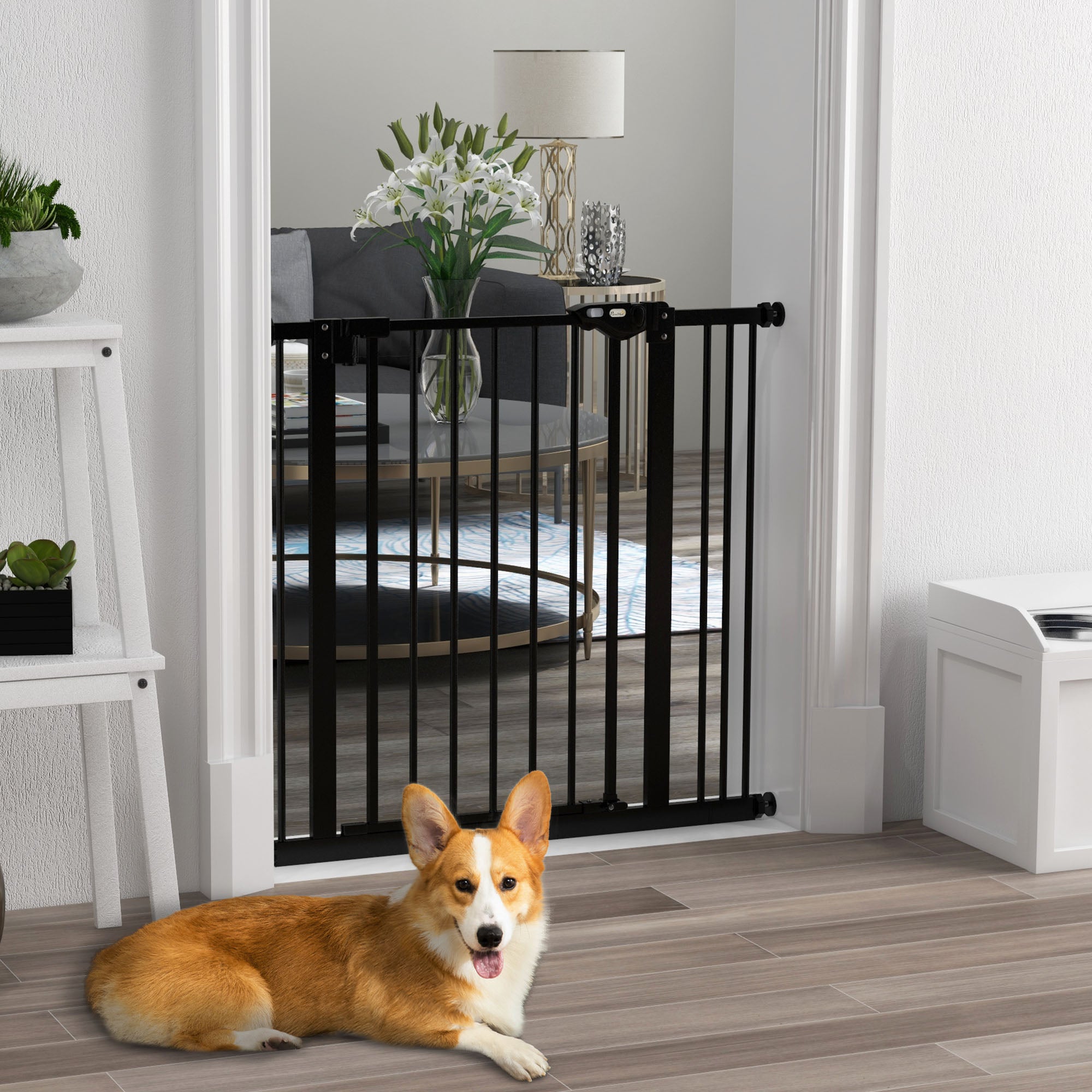 PawHut Türschutzgitter für Hunde, Absperrgitter, Schutzgitter für Haustiere, Metall, Kunststoff, 74-87 cm, Schwarz