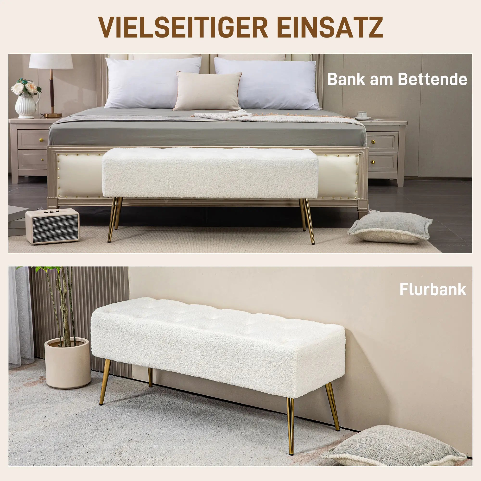 HOMCOM Polsterbank Sitzbank Lammwoll-Optik Knopfheftung Cremeweiß