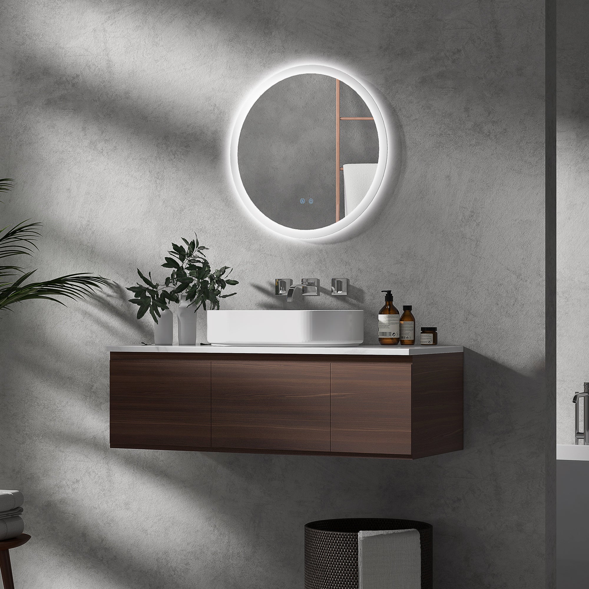 kleankin LED Badspiegel, einstellbare Helligkeit, Entnebelung, Touch, IP44, Metall/Glas, Ø60 cm, Weiß/Silber