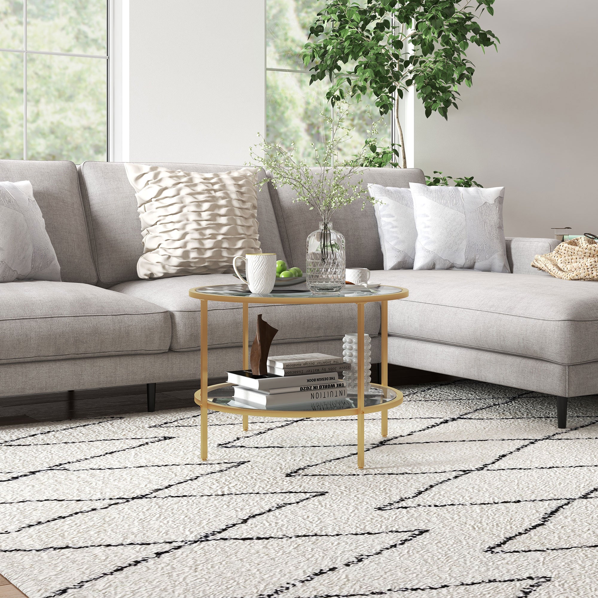 HOMCOM Beistelltisch, modernes Design, 2 Etagen, Ø60x43H cm, Goldton