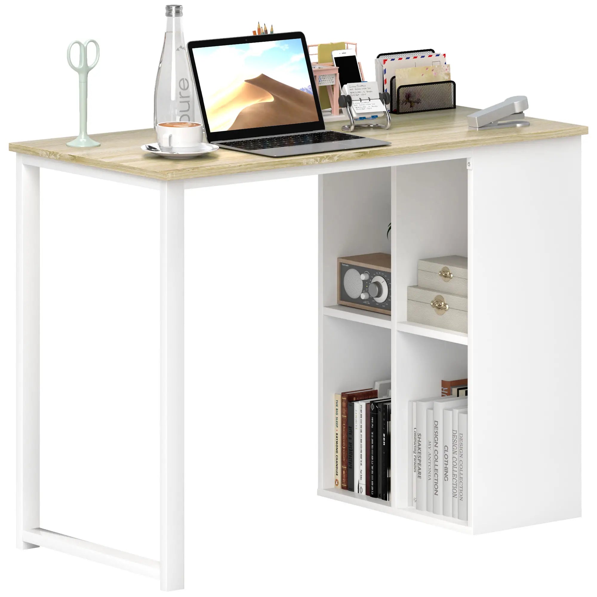 HOMCOM Kompakter Computertisch, Moderner Schreibtisch mit Stauraum-Fächern, für kleine Räume, 100 x 54 x 75 cm, Weiß