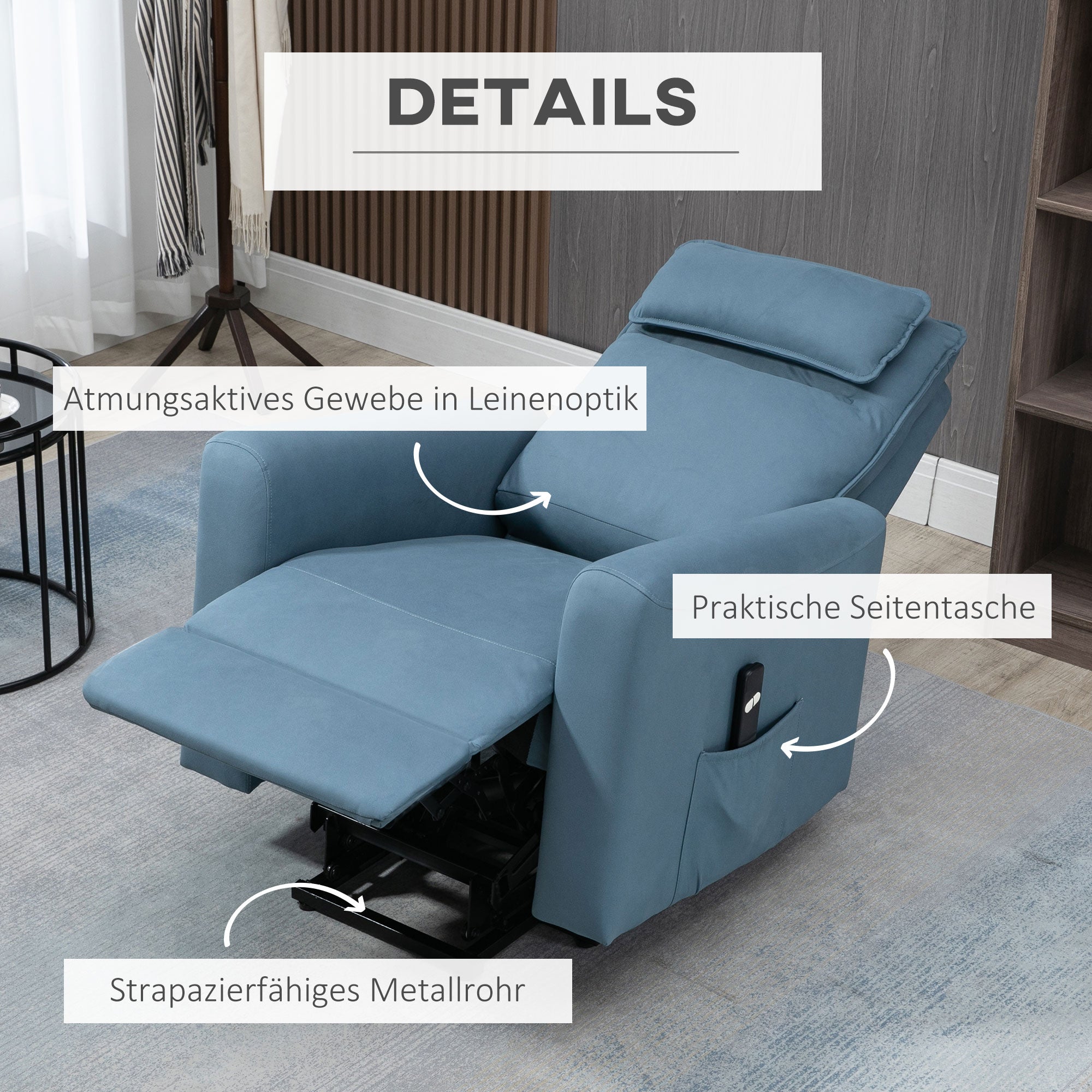 HOMCOM Aufstehhilfe Relaxsessel Fernsehsessel, integrierte Fußstütze, Seitentasche, Kabelfernbedienung, 84 x 89,5 x 105 cm,Blau