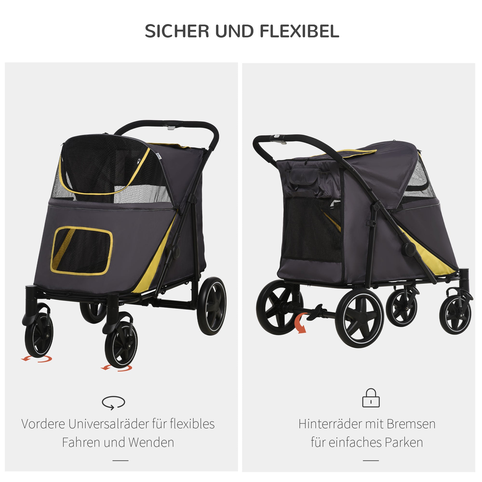 PawHut Hundetrolley bis 30kg klappbar One-klick-system 2 Sicherheitsleinen Aufbewahrungstaschen Gepolsterter Griff Dunkelgrau