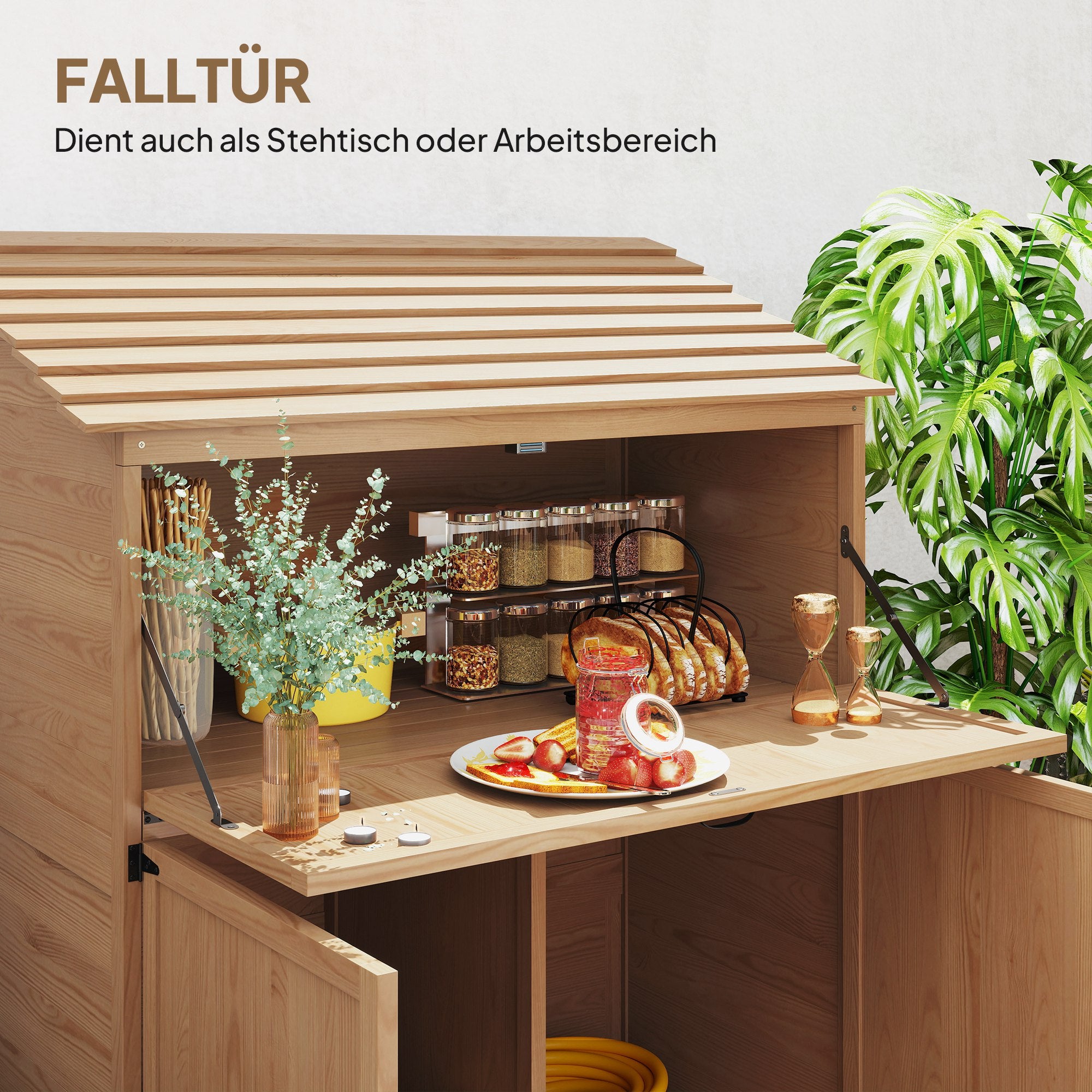 Outsunny Garten-Aufbewahrungsschrank mit ausklappbarem Tisch, Werkzeugschrank mit Dach, 110 x 54 x 136 cm, Tannenholz, Braun