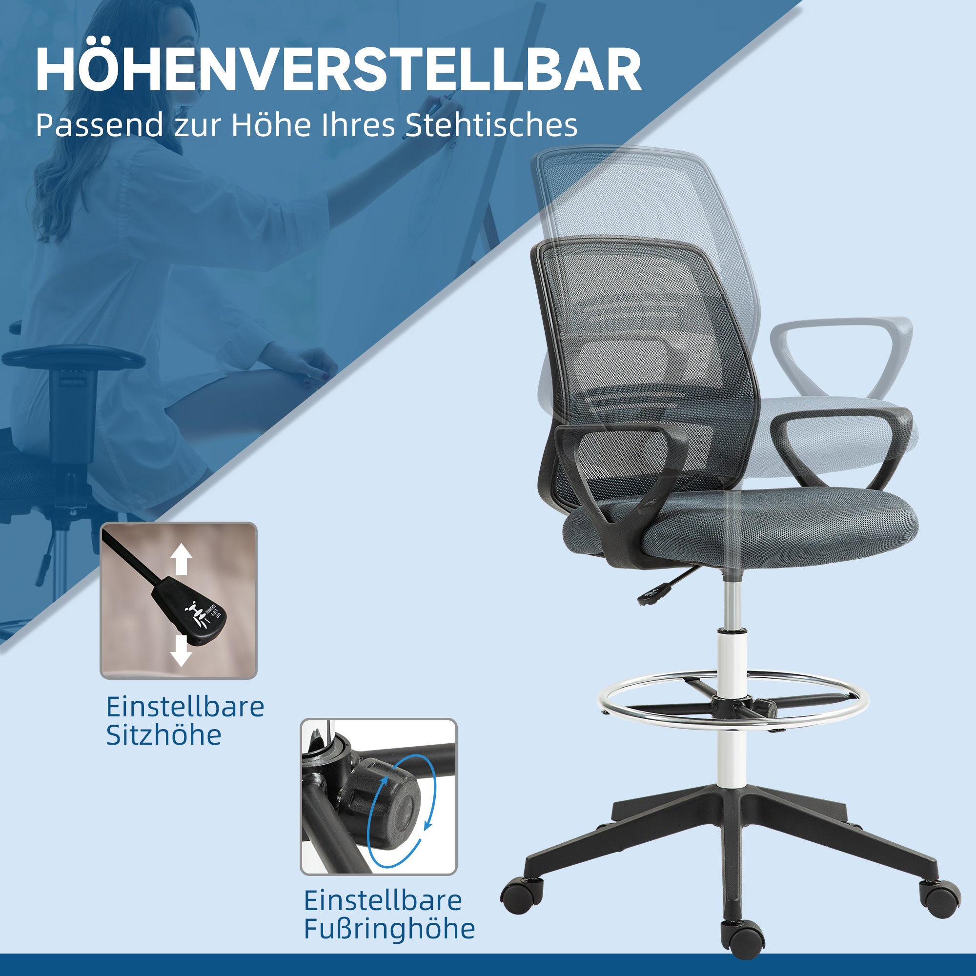 Vinsetto Bürostuhl Ergonomischer Schreibtischstuhl mit Armlehnen und Verstellbarer Fußring Netzbespannung Grau