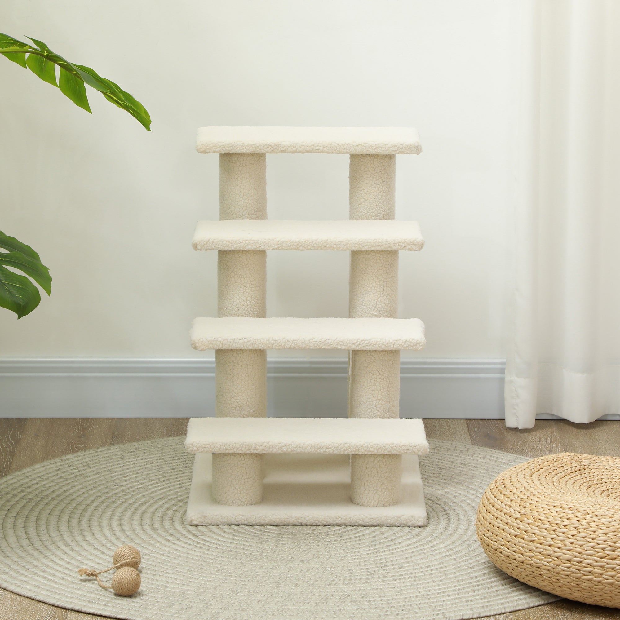 PawHut Tiertreppe Katzentreppe Hundetreppe Treppe für Katze und Hunde 4 Stufen Cremeweiß 63,5x43x60cm