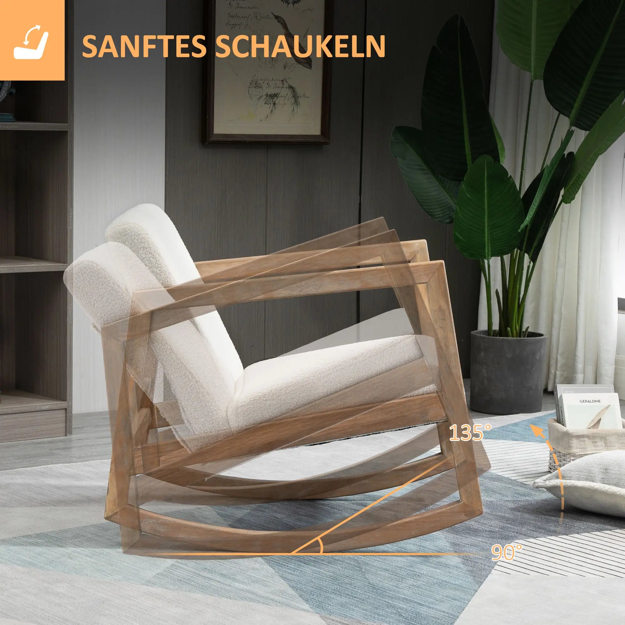 HOMCOM Schaukelstuhl mit Holzrahmen gepolstert Relax Stuhl Sessel Stuhl Wohnzimmersessel Lounge mit gepolsterter Sitzfläche Kautschukholz Cremeweiß 60 x 81 x 71 cm
