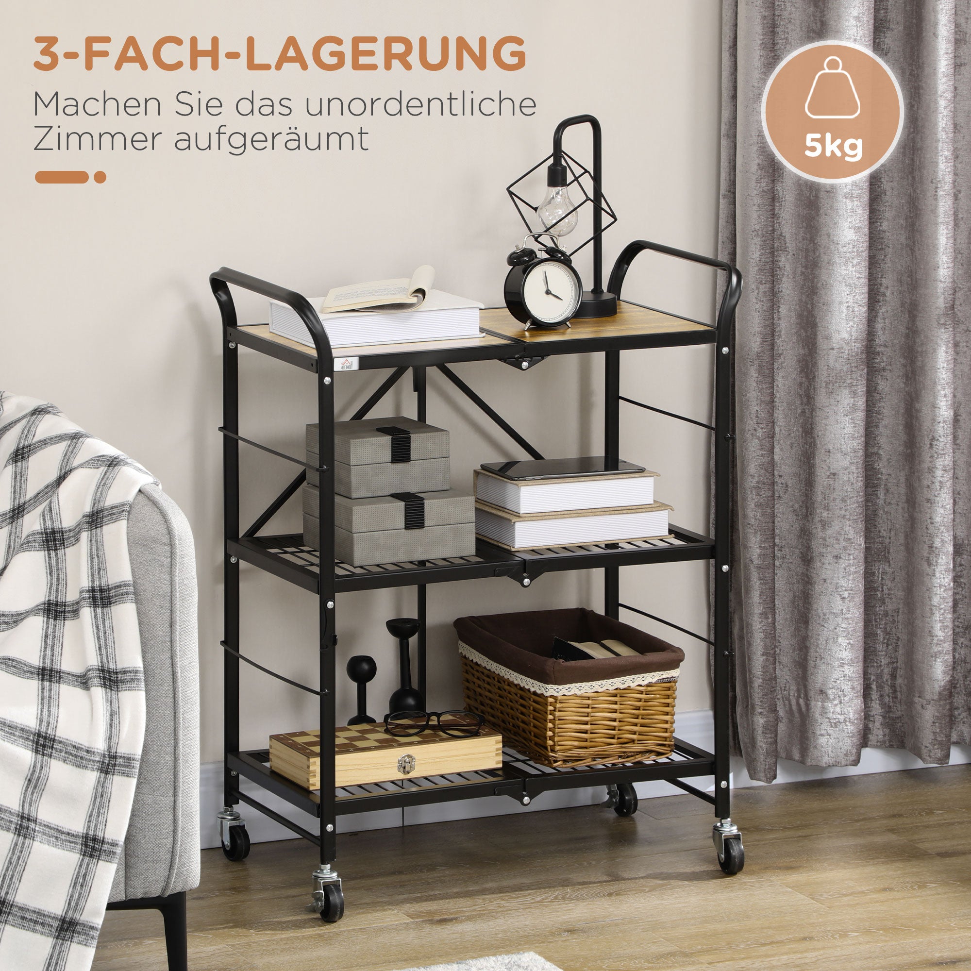 HOMCOM Küchenwagen im Industriedesign, mit 3 Regalen, Mehrzweckwagen, Servierwagen, 4 Räder, klappbar, Braun + Schwarz