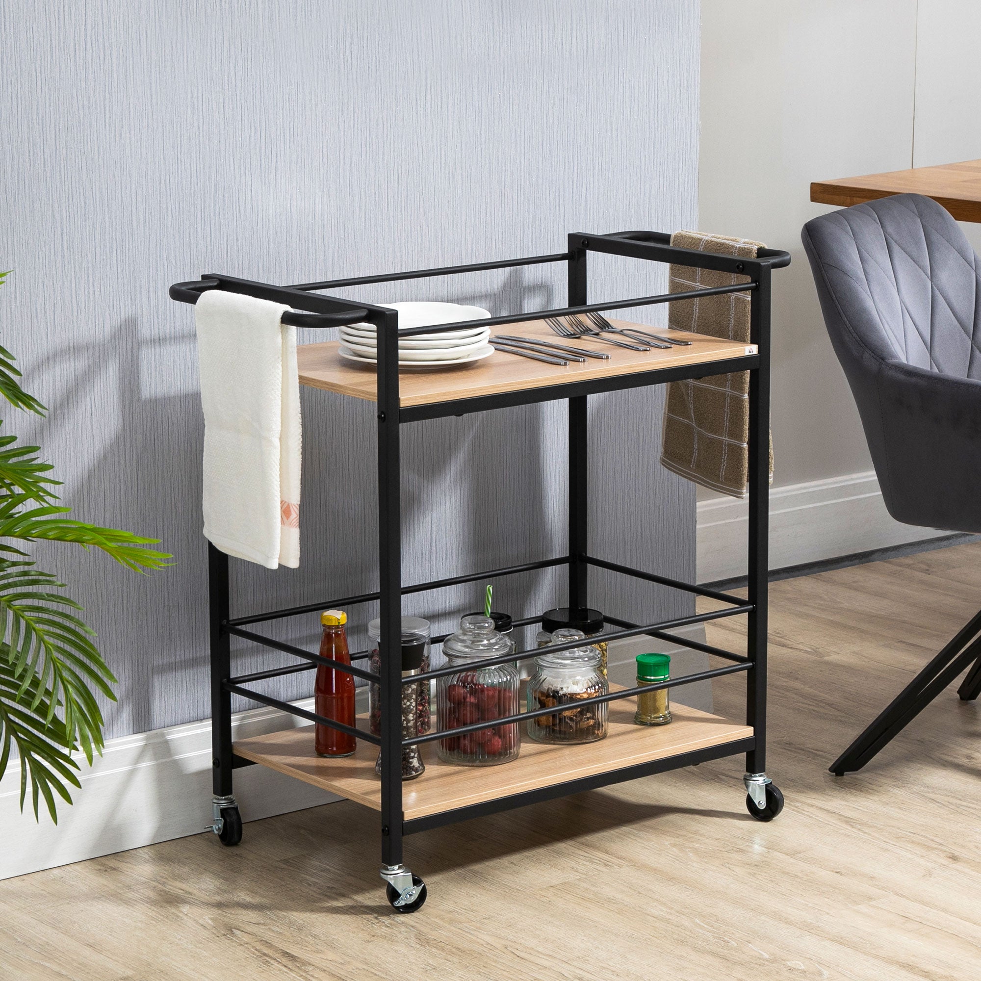 HOMCOM Küchenwagen Servierwagen mit 2 Ablagen, Reling, Stahl, Schwarz+Holz 82 x 40 x 75cm