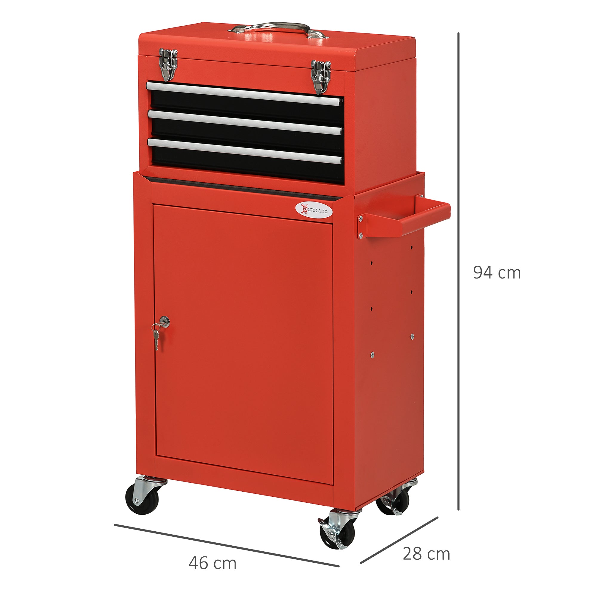 DURHAND 2-in-1 Werkzeugwagen, mobil, 3 Schubladen, Werkzeugtafel, Stahlgehäuse, 46L x 28B x 94H cm, Rot