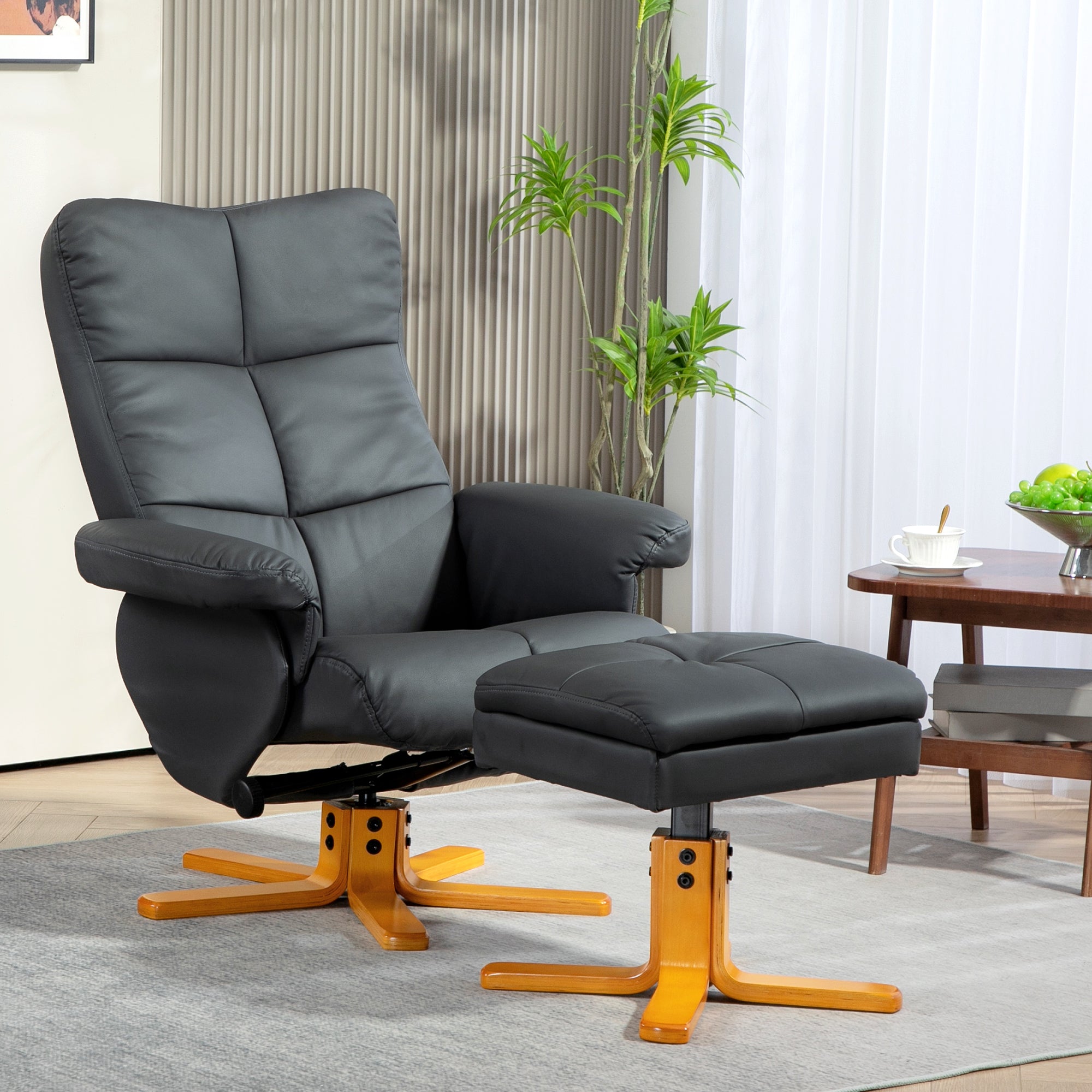 HOMCOM Relaxsessel mit Hocker, 145° neigbare Rückenlehne, 360° drehbar, Kunstleder, Dunkelgrau