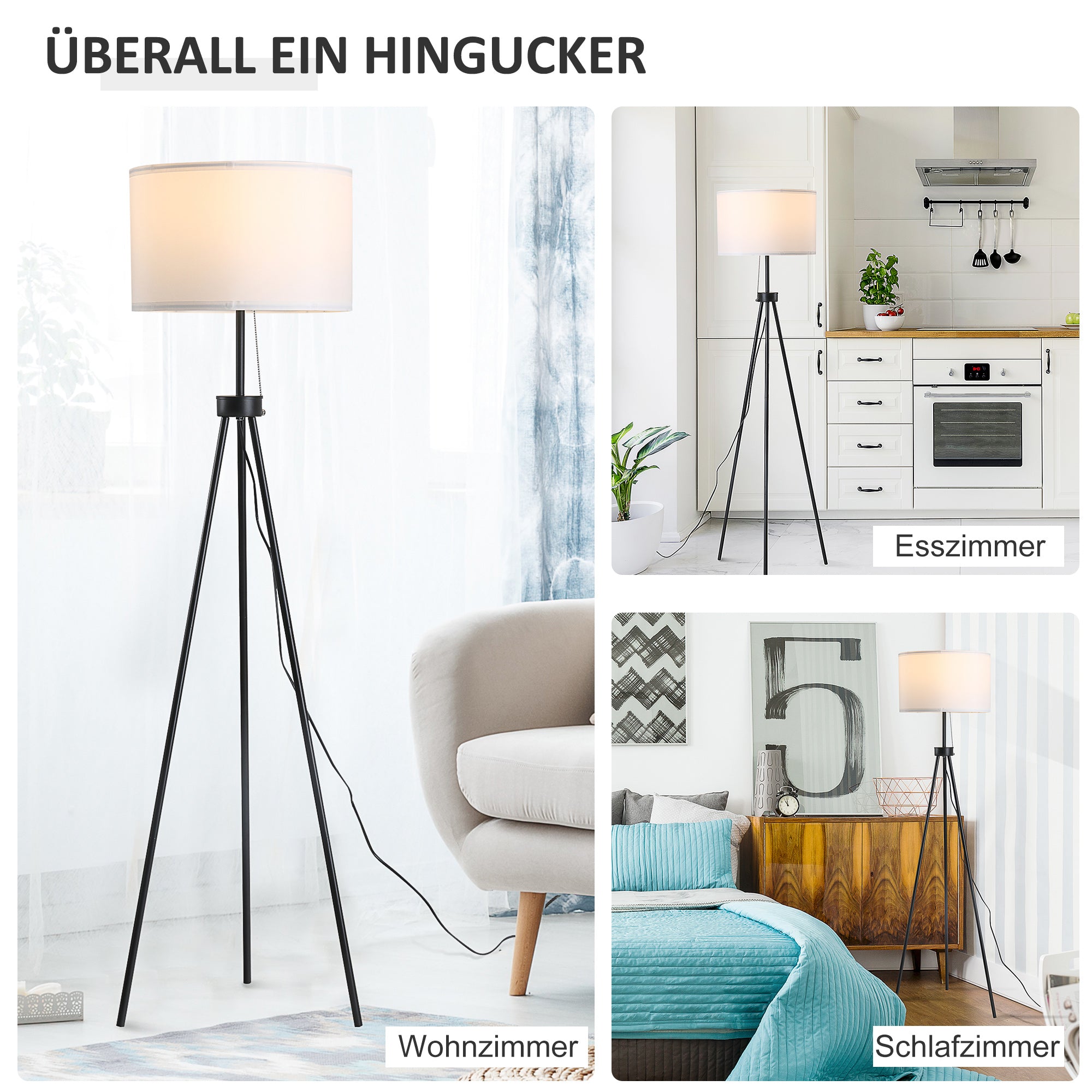 HOMCOM Stehlampe Stehleuchte Standleuchte E27, Stahl+Polyester, 37x37x152cm (Schwarz+Weiß)