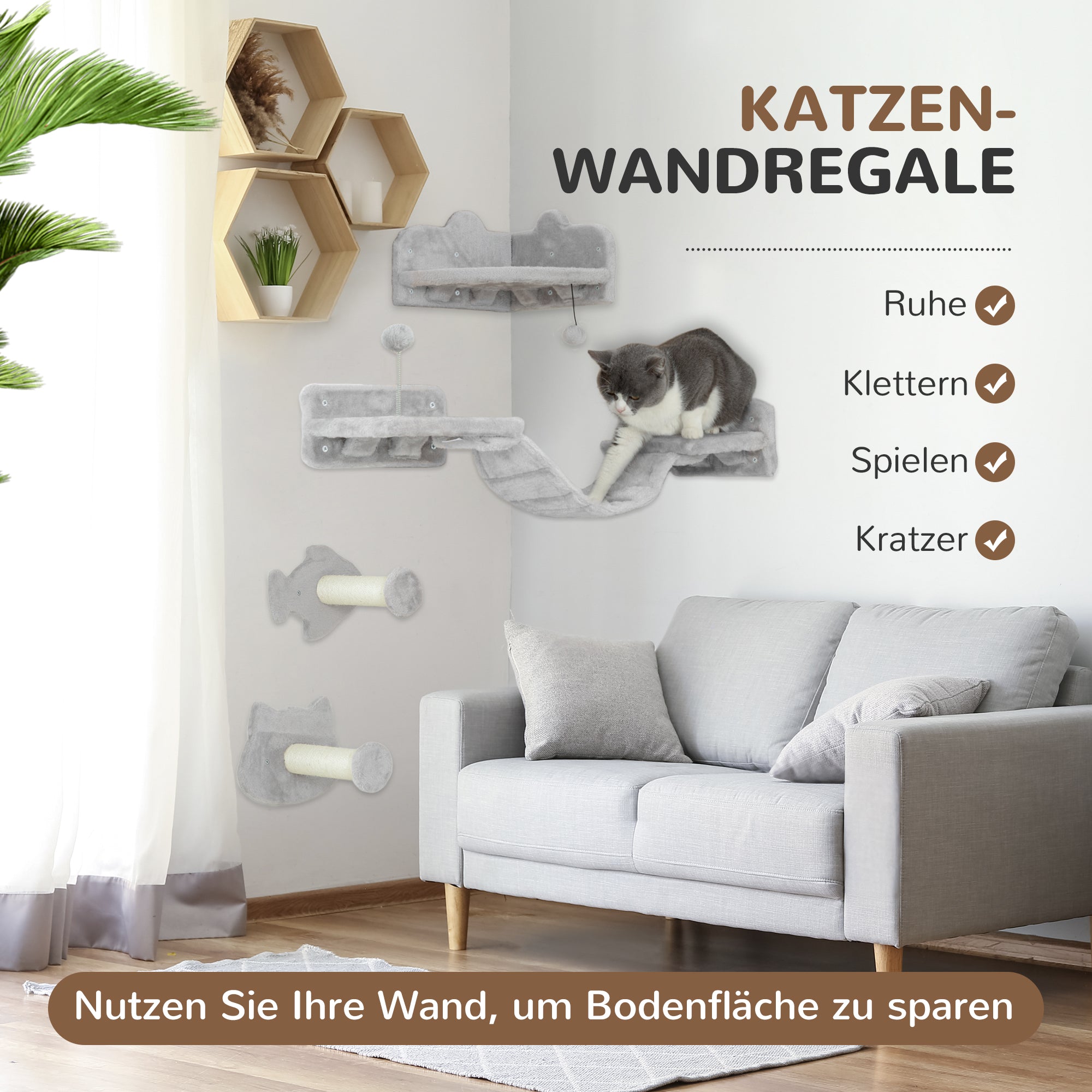 PawHut Katzentreppen-Set, 4-teilig, Kratzmöbel mit Sisal-Stufen, doppelter Plattform, Hellgrau/Cremeweiß