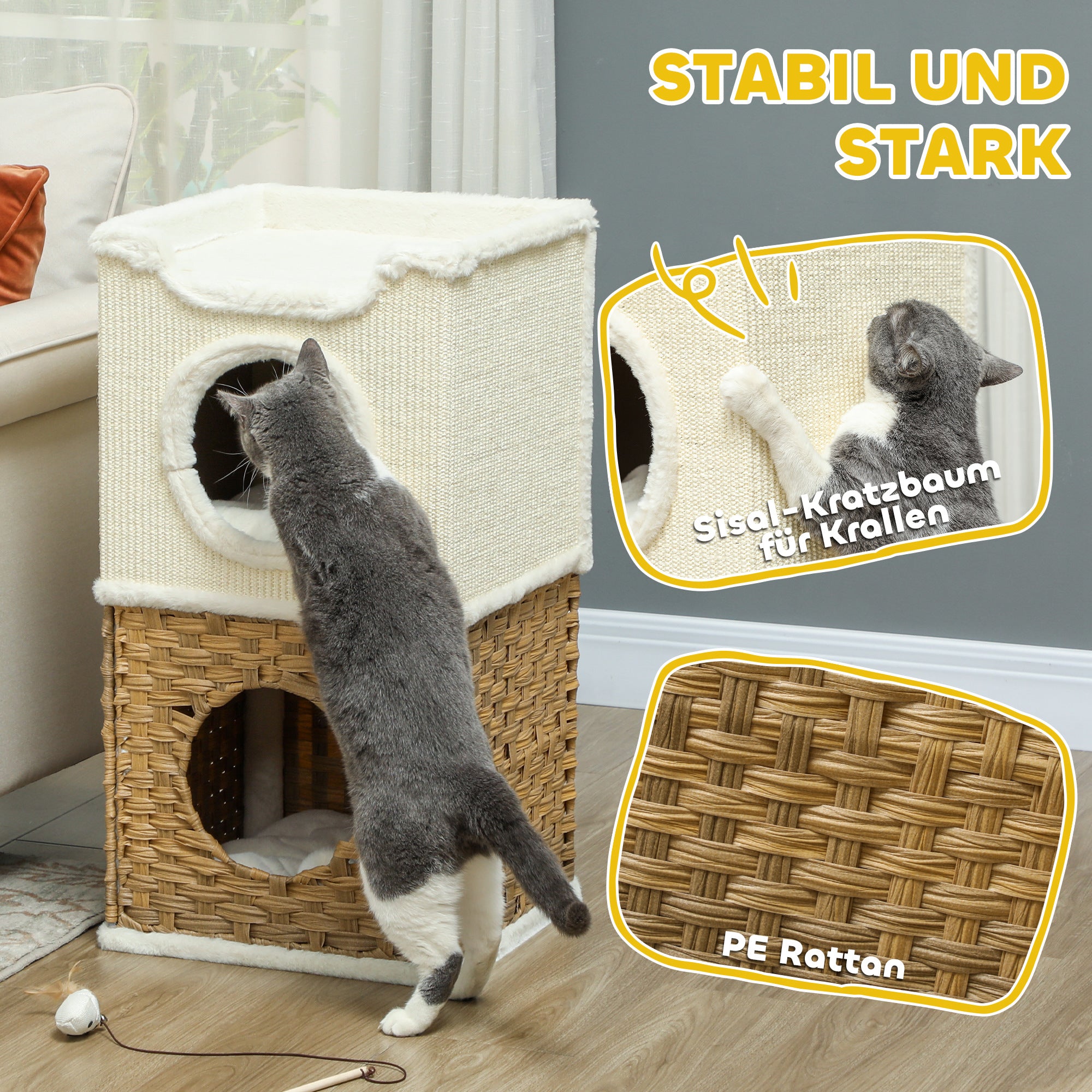 PawHut Kratztonne 75,5 cm Hoch dreistöckige mit Plüschrand, Kissen, Katzenhöhle, für mittelgroße Katzen, Cremeweiß