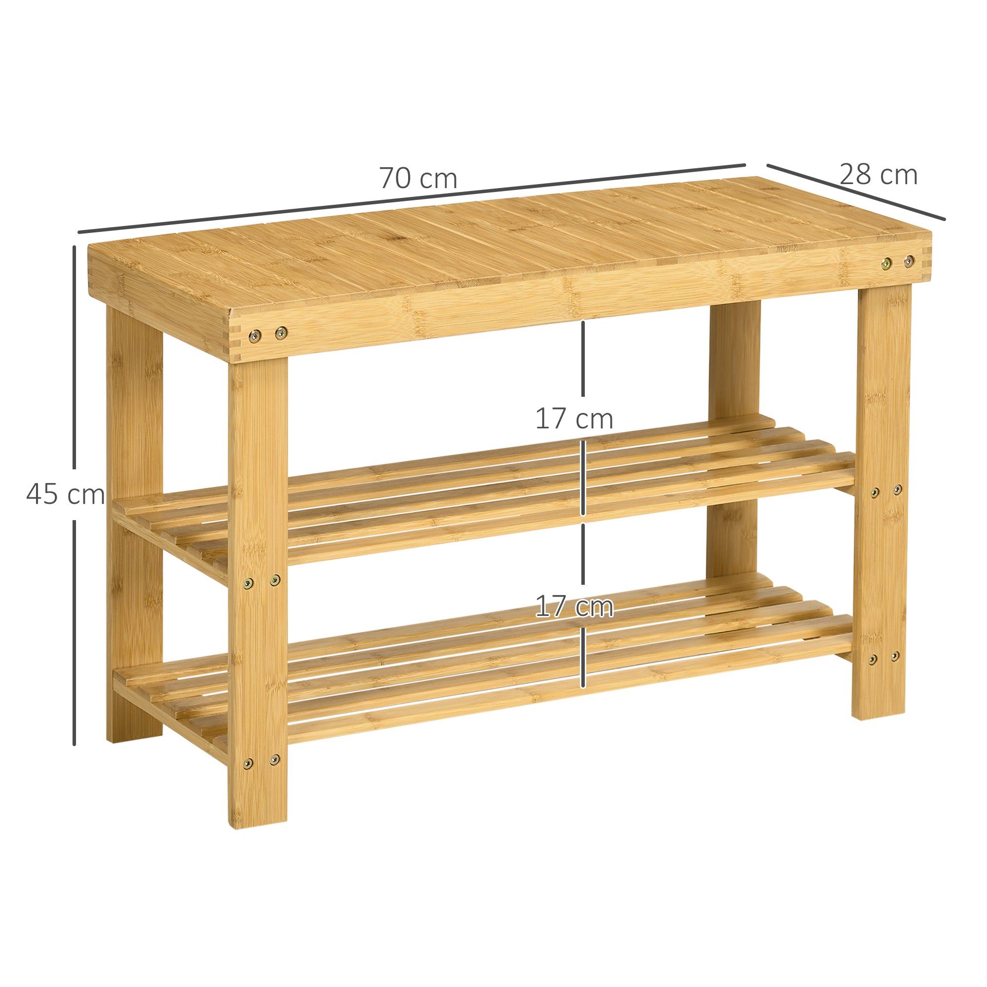 HOMCOM Schuhbank, 3 Etagen, Platz für 6-9 Paar Schuhe, bis 130 kg, Bambus, 70 x 28 x 45cm
