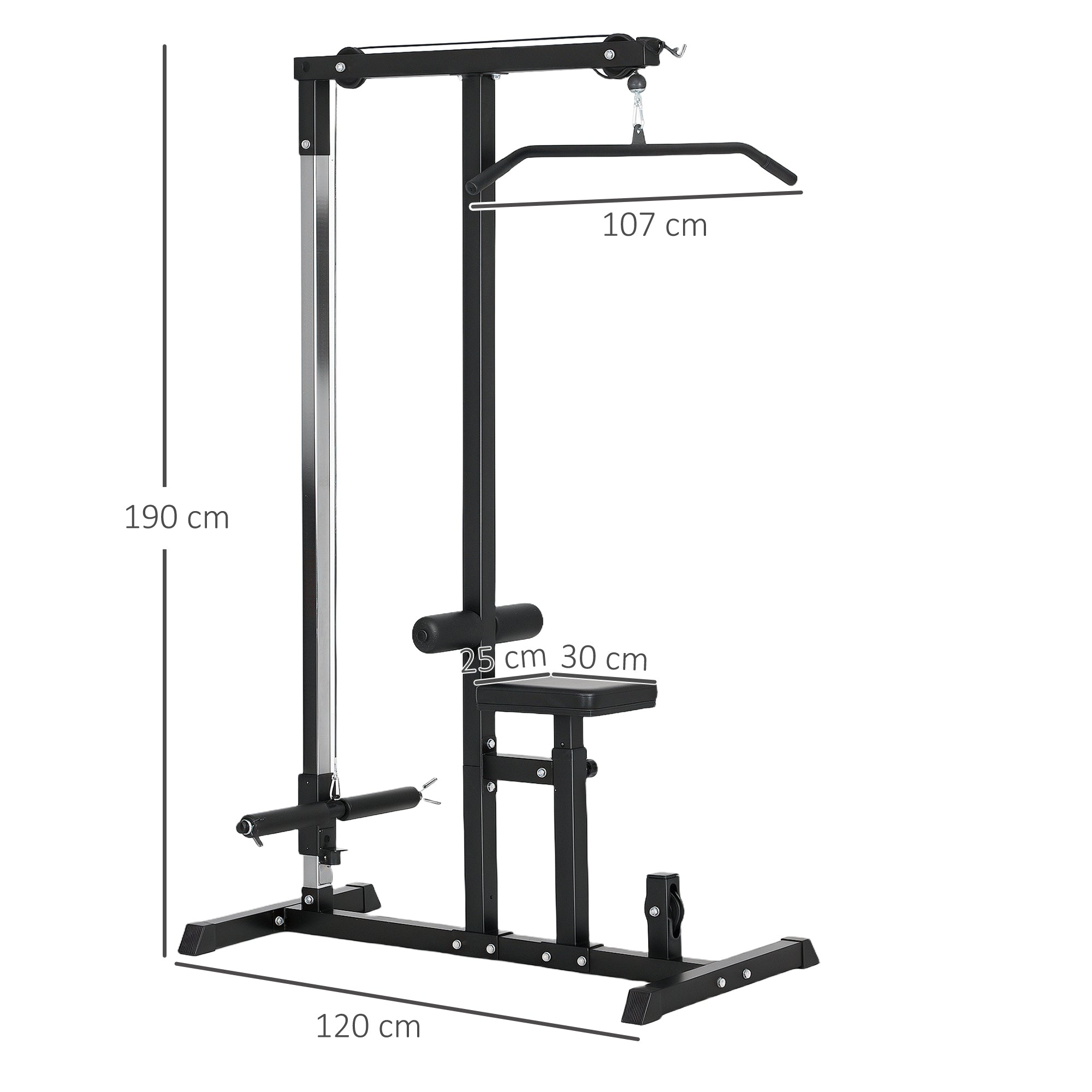 HOMCOM Kraftstation mit Riemenscheibe Sitz verstellbar und mehreren Kabelpositionen Stahl Schwarz 107 x 120 x 190 cm