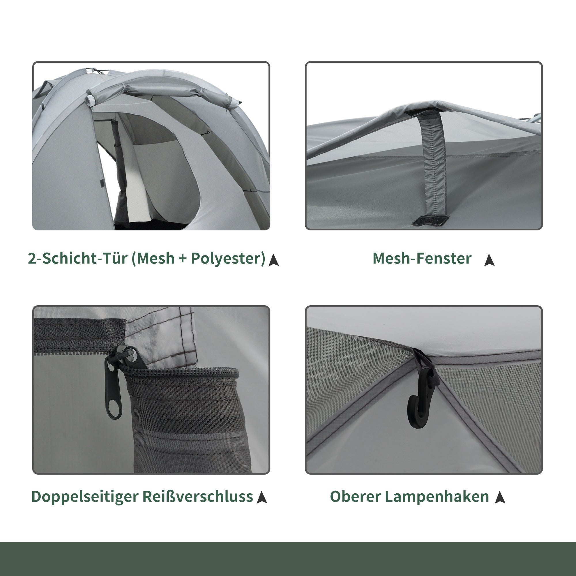 Outsunny Campingzelt für 2-3 Personen Glasfaser Tür mit Reißverschluss Meshfenster inkl. Transporttasche Kuppelzelt 190T Kunstleder2000mm Glasfaser Grau