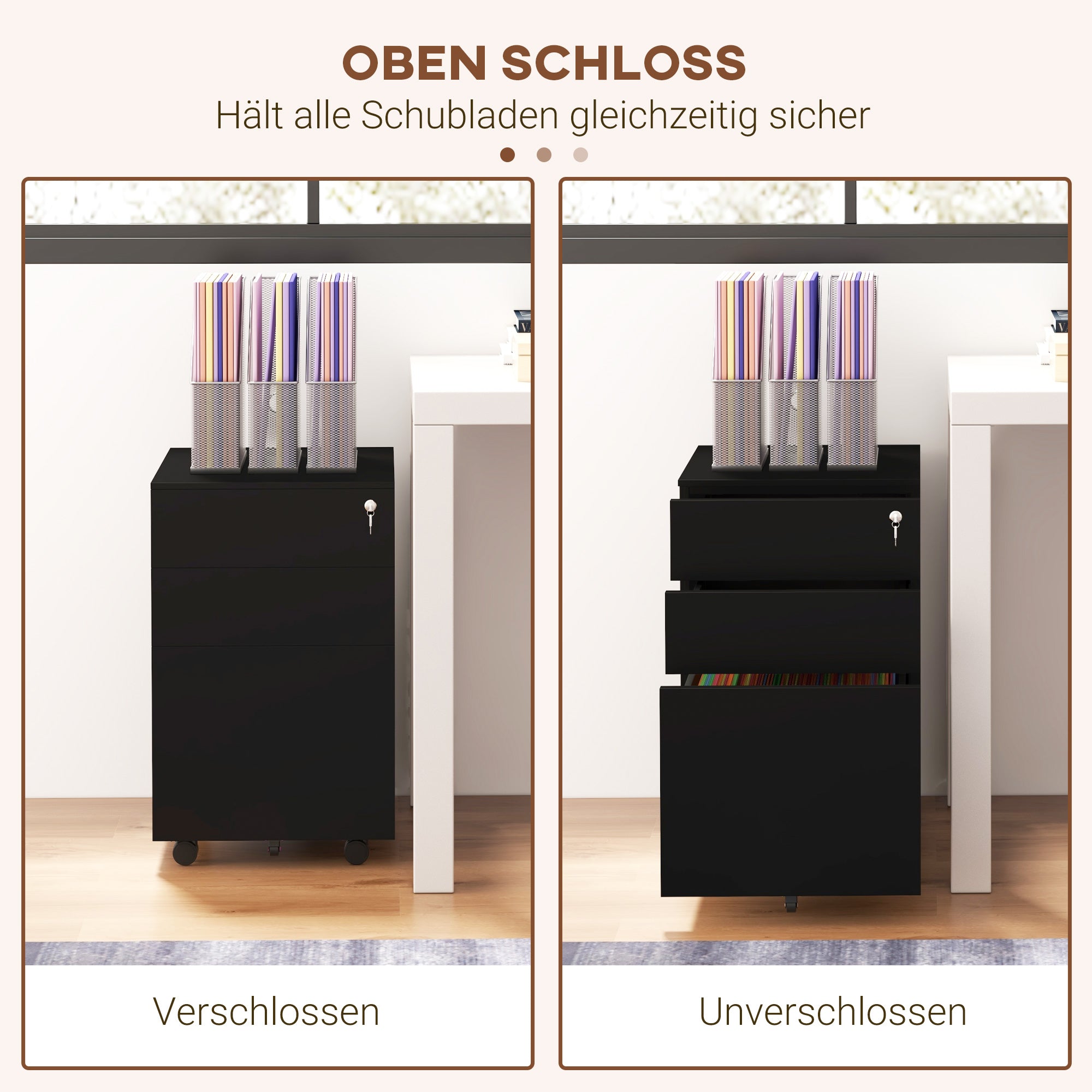 Vinsetto Rollcontainer Aktenschrank, 3 Schubladen, abschließbar, rollbar, 37 cm x 43,5 cm x 60 cm, Schwarz