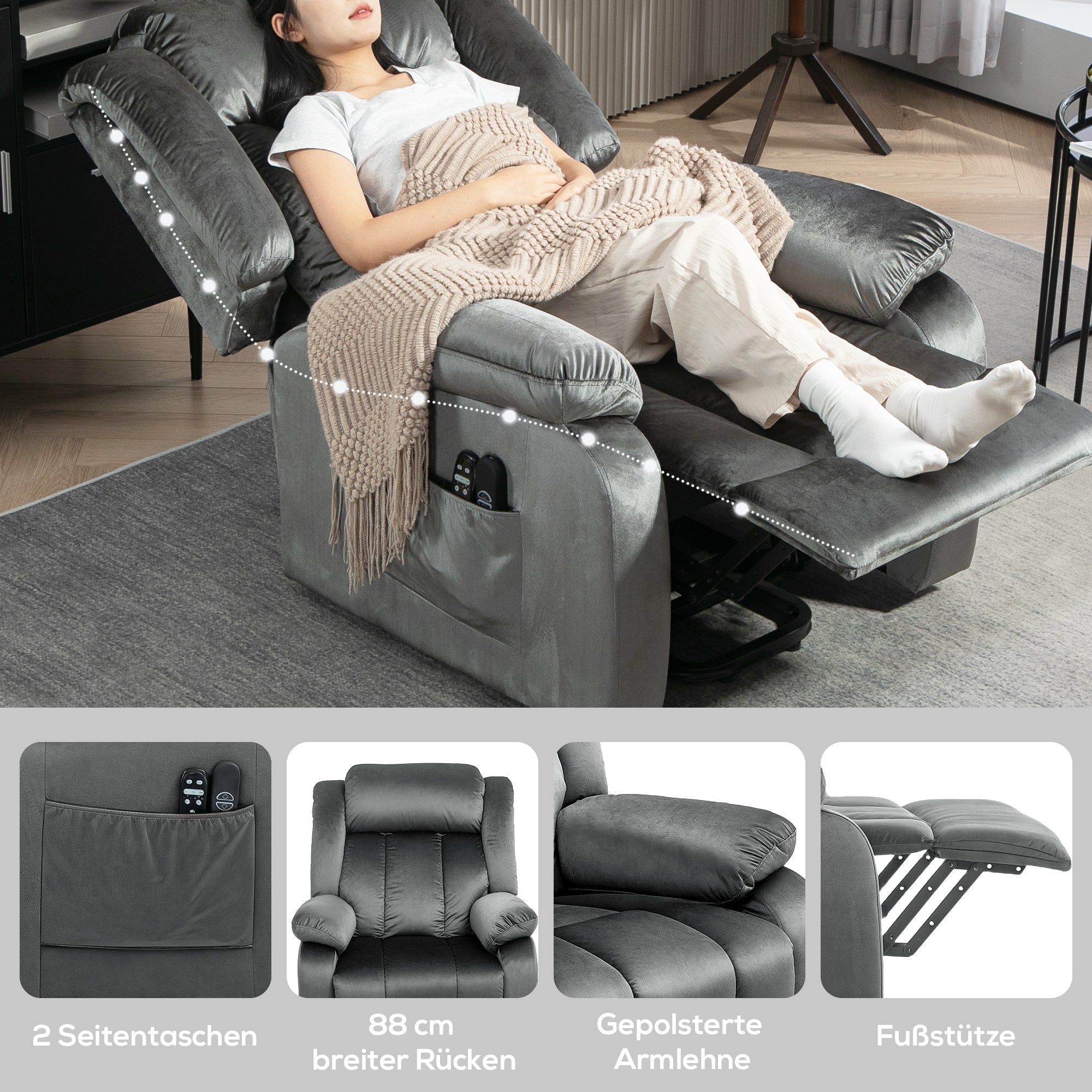 HOMCOM Aufstehsessel mit Massagefunktion und Lendenheizung, Recliner-Sessel mit Fernbedienungen und Seitentaschen, Grau