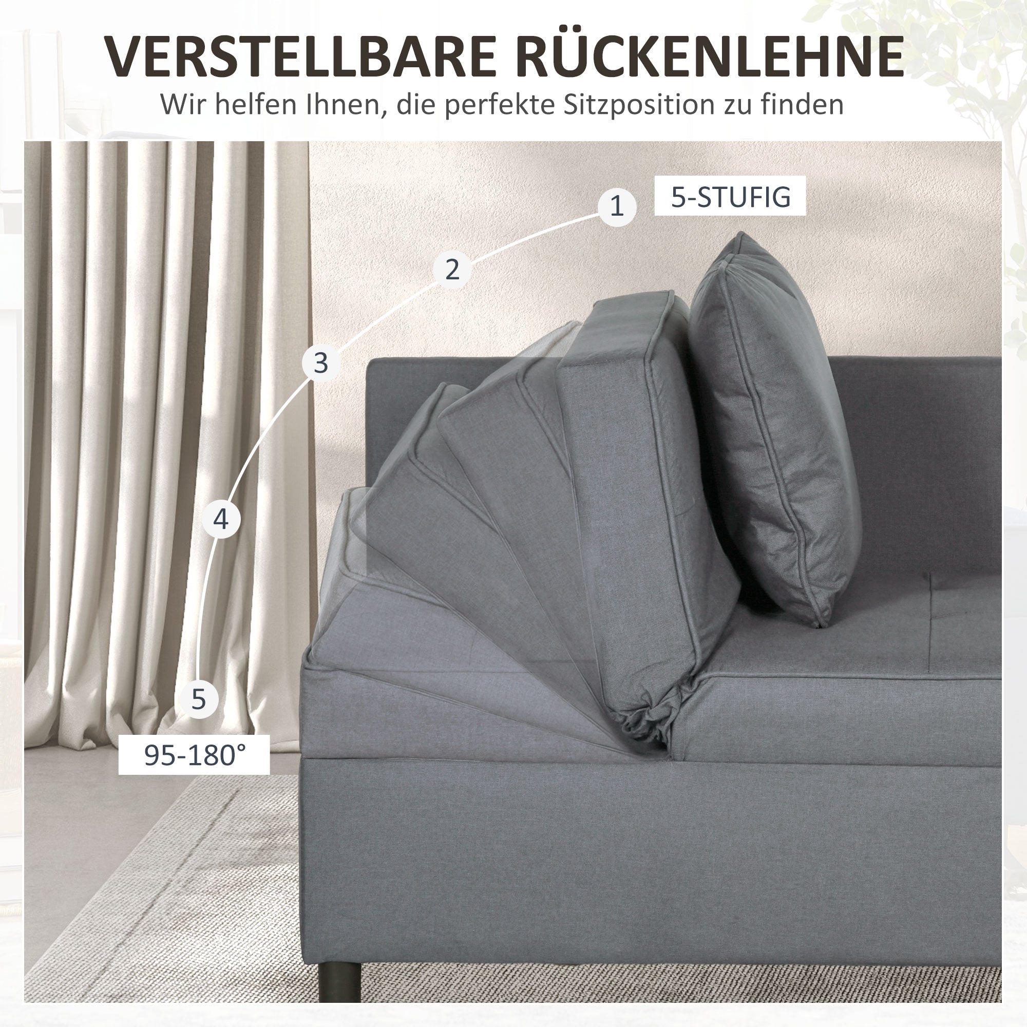 HOMCOM Schlafsessel, 2-Sitzer-Sessel mit Bettfunktion, klappbarer Polstersessel mit 2 Kissen, Bezug in Leinenoptik, Dunkelgrau