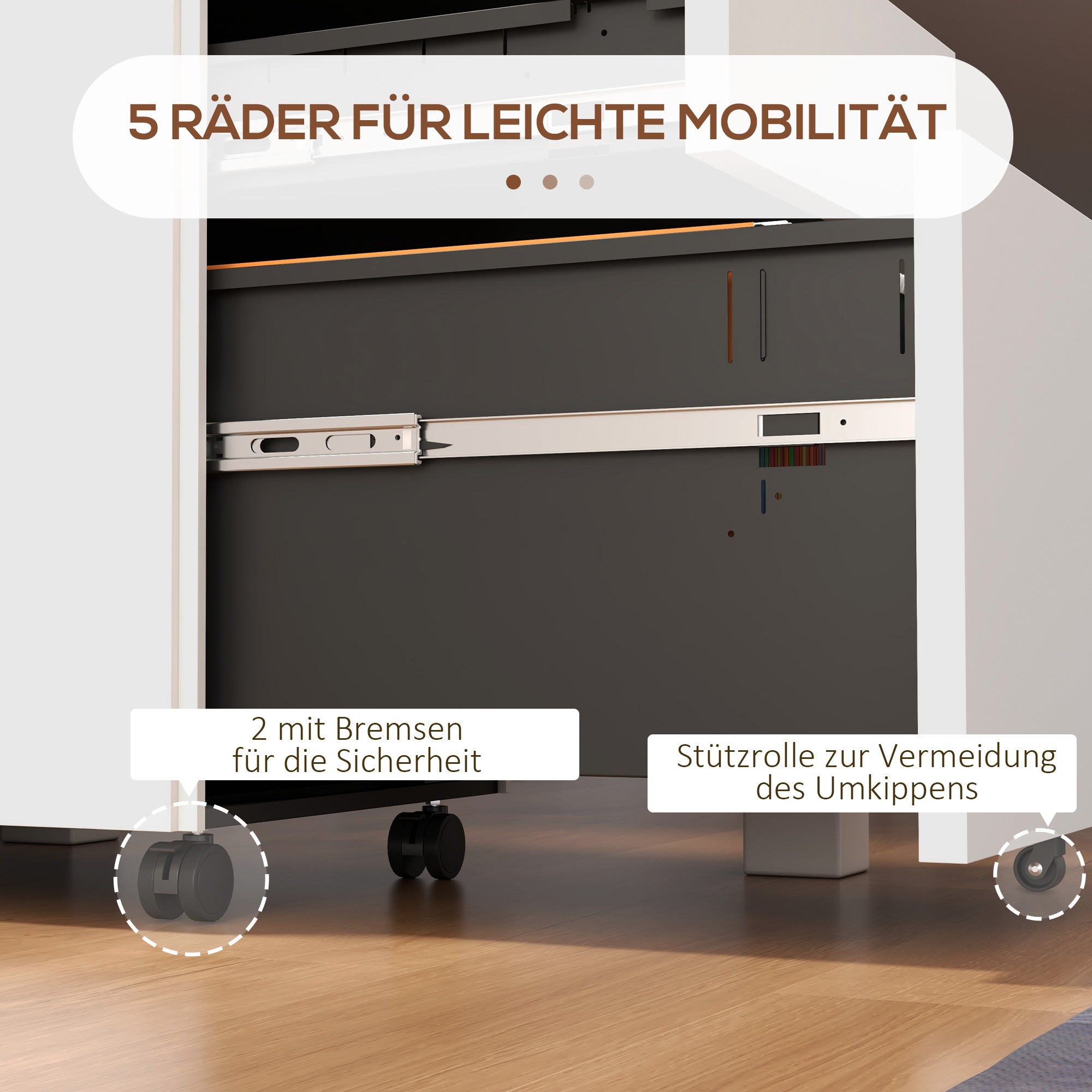 Vinsetto Rollcontainer Aktenschrank, 3 Schubladen, abschließbar, rollbar, 37 cm x 43,5 cm x 60 cm, Weiß
