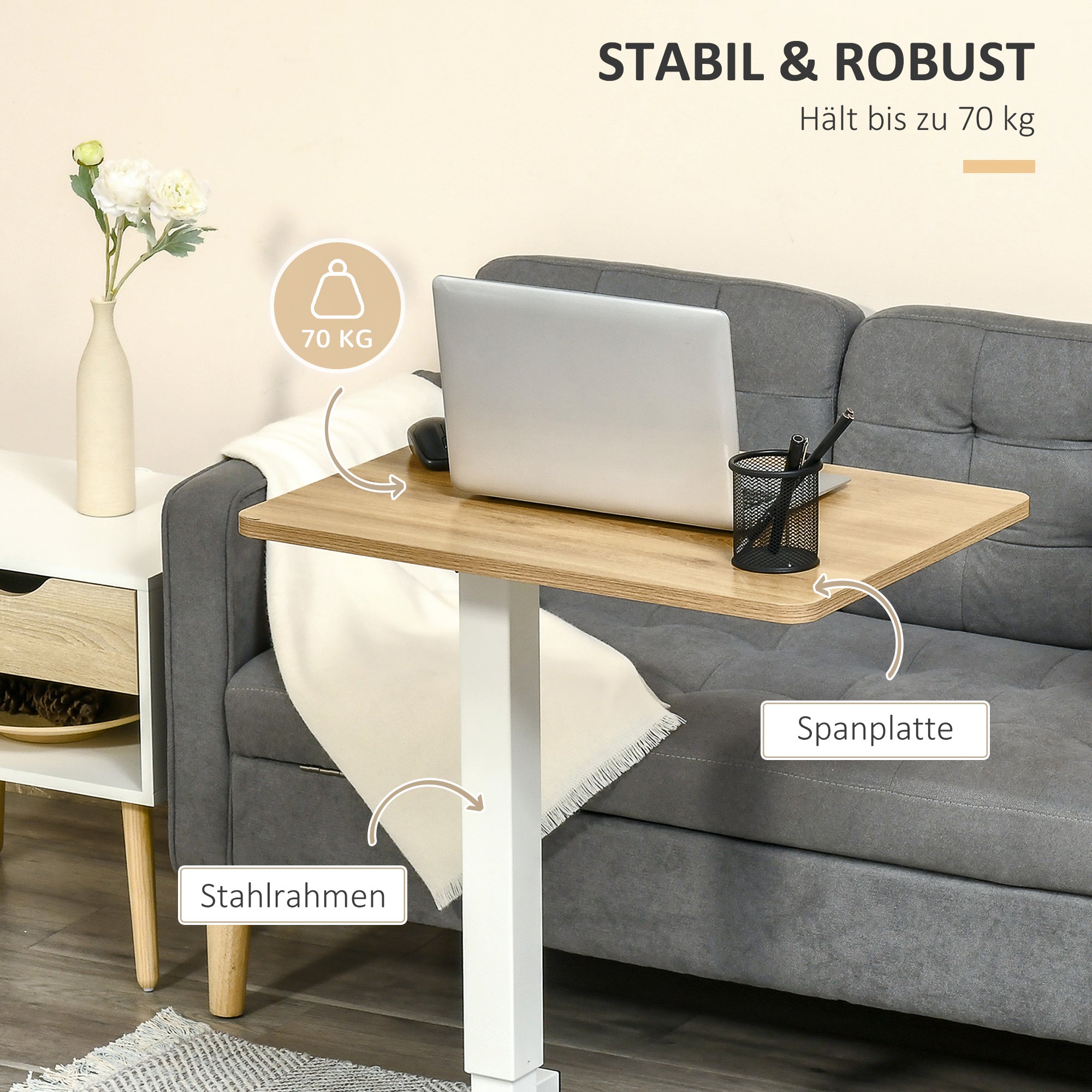 HOMCOM Stehpult Höhenverstellbar inkl. 4 Rollen C-Form 65 cm x 48 cm x 70-110 cm  Natur + Weiß