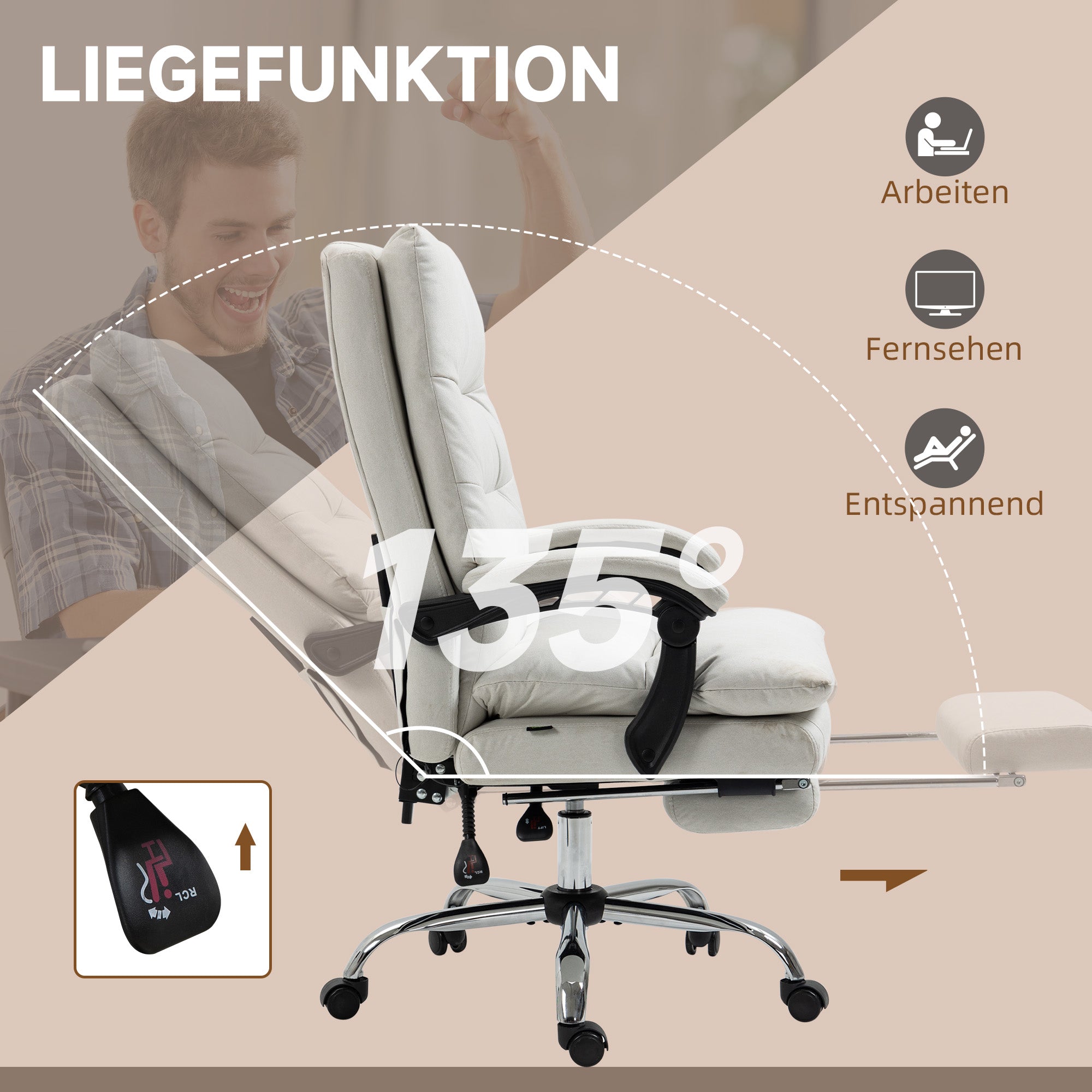Vinsetto Bürostuhl mit Massagefunktion, beheizbar, neigbar, Kunstleder, 65x72x109-117cm, Cremeweiß
