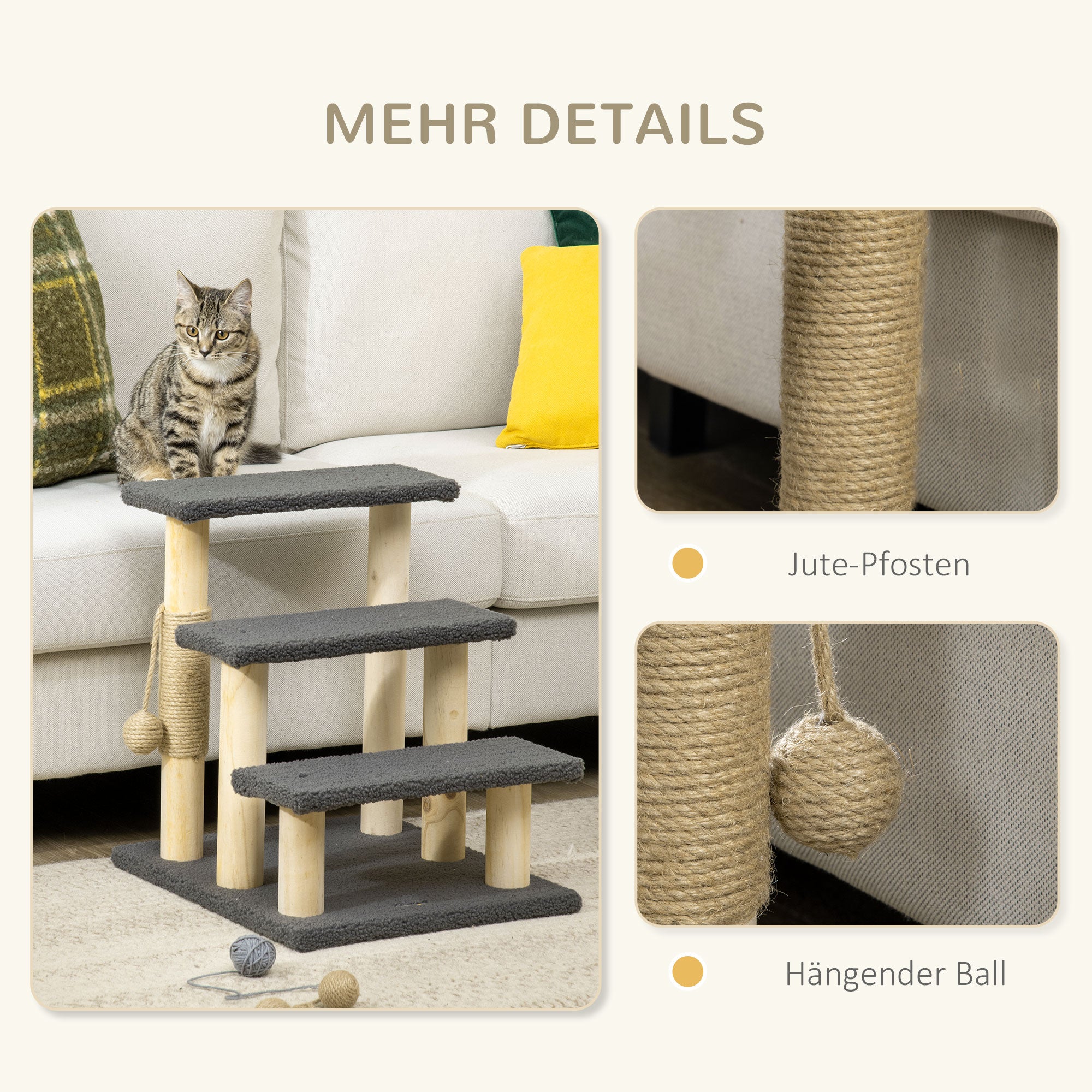 PawHut Katzentreppe, Kratzbaum, drei Stufen, Spielball, grau+holzfarben, 45 x 40 x 48cm