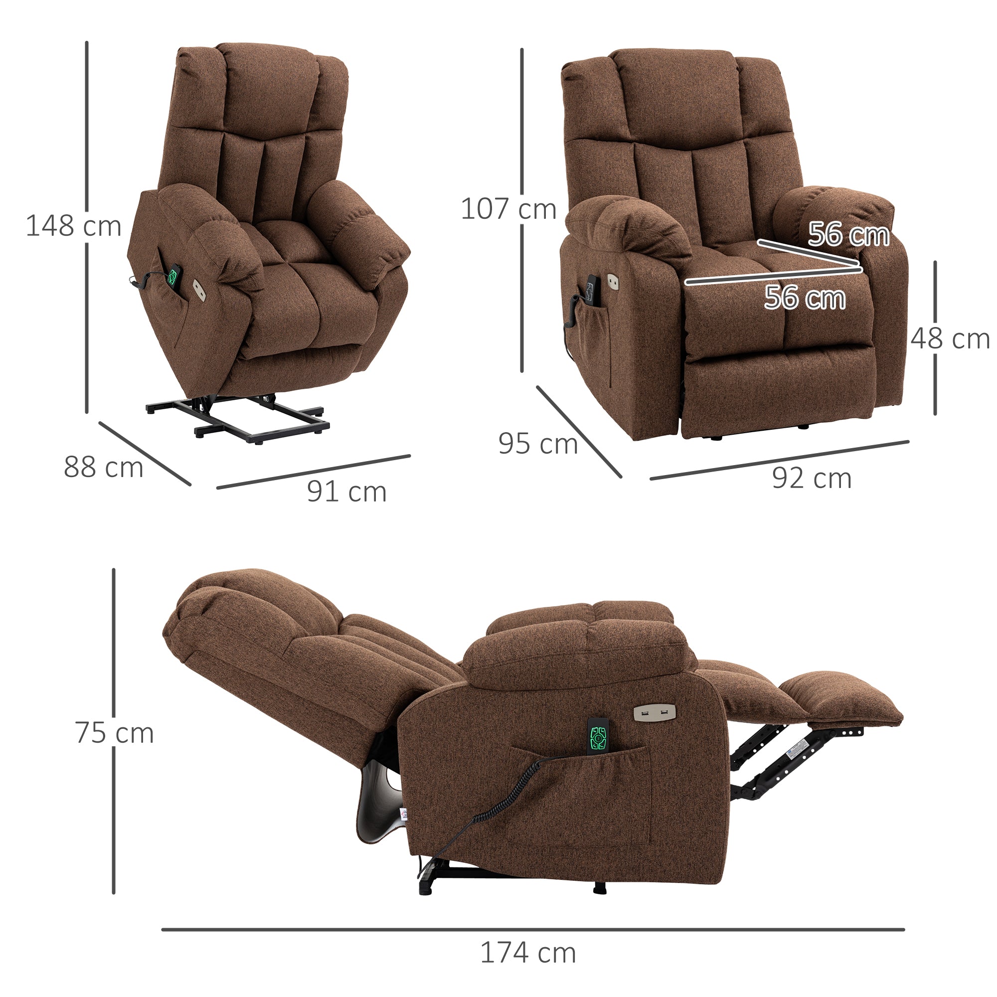HOMCOM Aufstehsessel mit Liegefunktion und Fernbedienung 92 x 95 x 107 cm, Braun