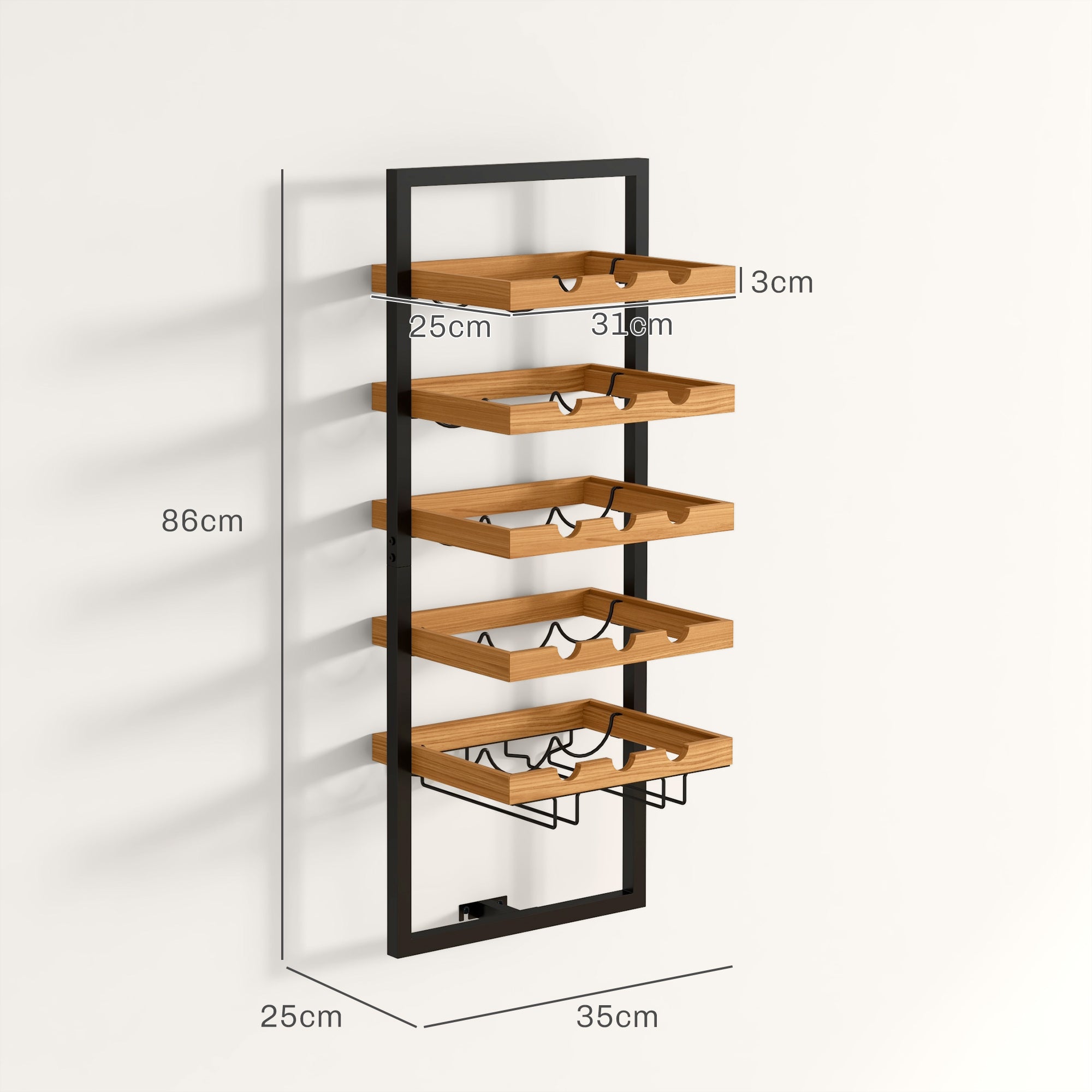 HOMCOM Wand-Weinregal, 5 Ebenen, Flaschenhalter, Gläserhalter, Kiefernholz, Stahl, Hausbar, Küche, Wohnzimmer, Braun