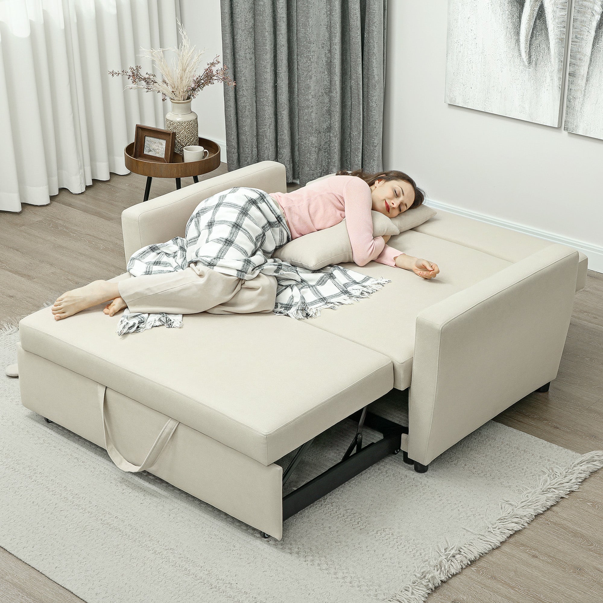 HOMCOM 2-Sitzer Sofa mit Bettfunktion, Verstellbarer Rückenlehne, Polstersofa, Samtoptik, für Wohnzimmer, Schlafzimmer, Beige