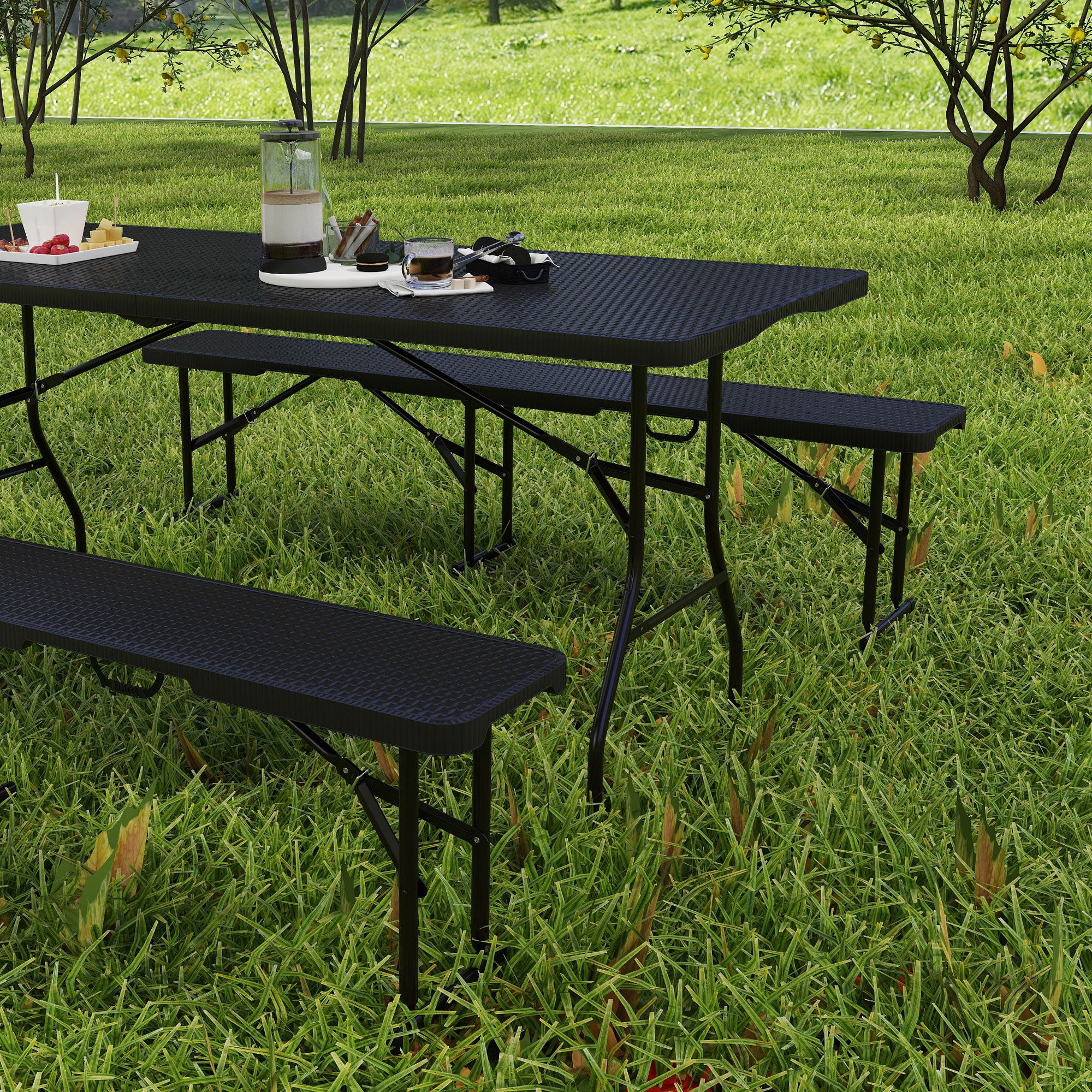 Outsunny Picknicktisch und Bänke, 3-teiliges Set, faltbar, Kunststoff, Metall, Schwarz