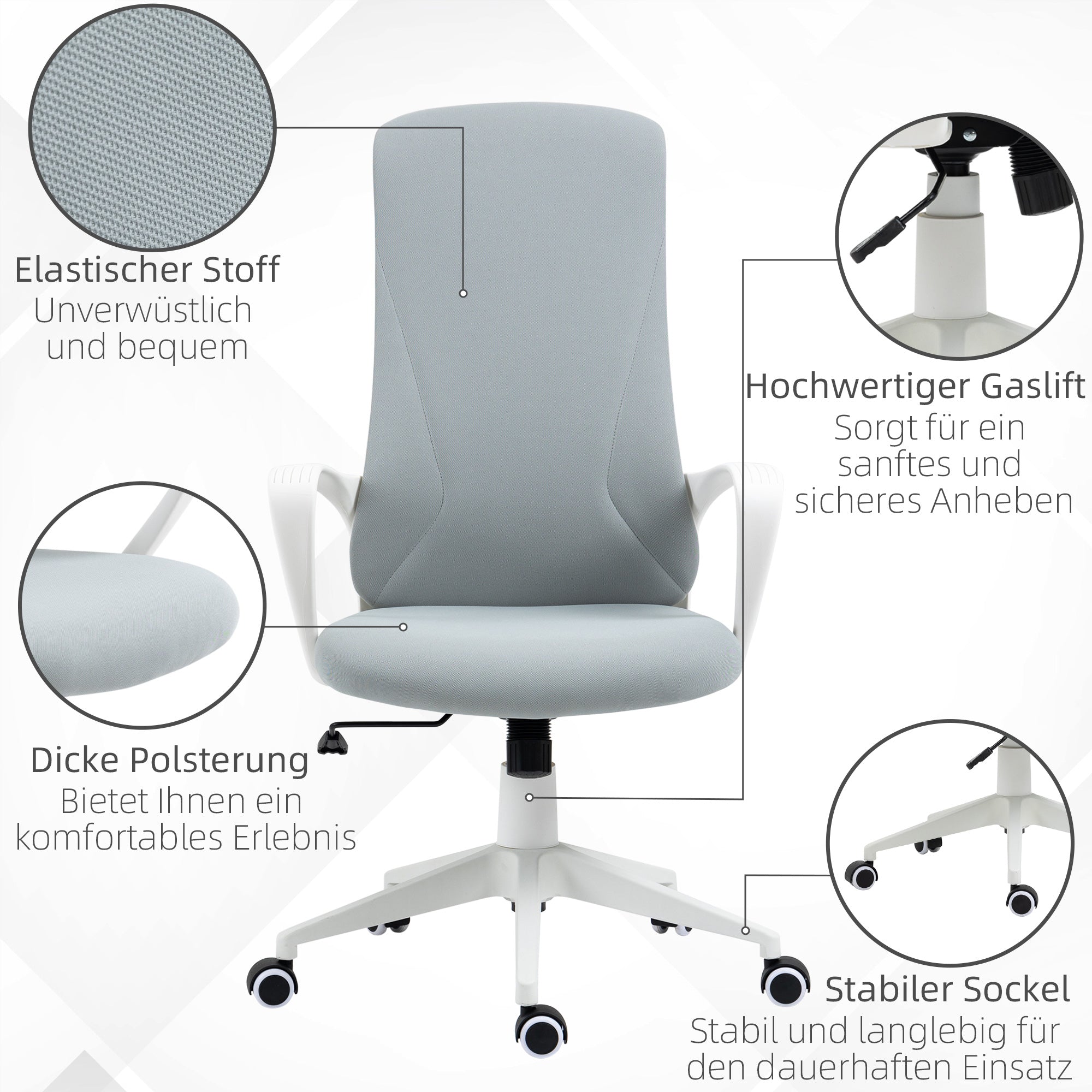Vinsetto Bürostuhl mit Wippfunktion, Höhenverstellbar, bis 120 kg, Ergonomisch, Drehbar, 62x56x110-119,5cm, Hellgrau