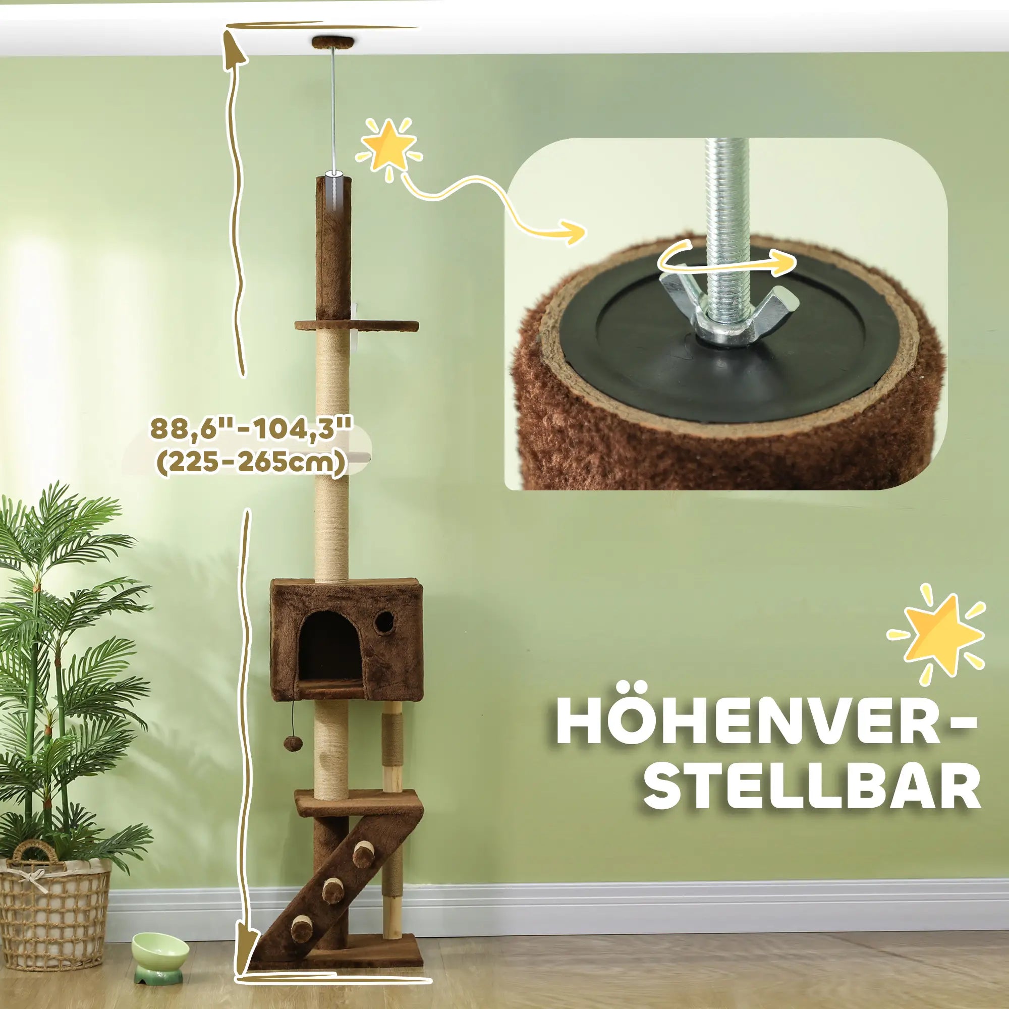 PawHut Kratzbaum 225–265?cm mit Höhle & Spielball Braun