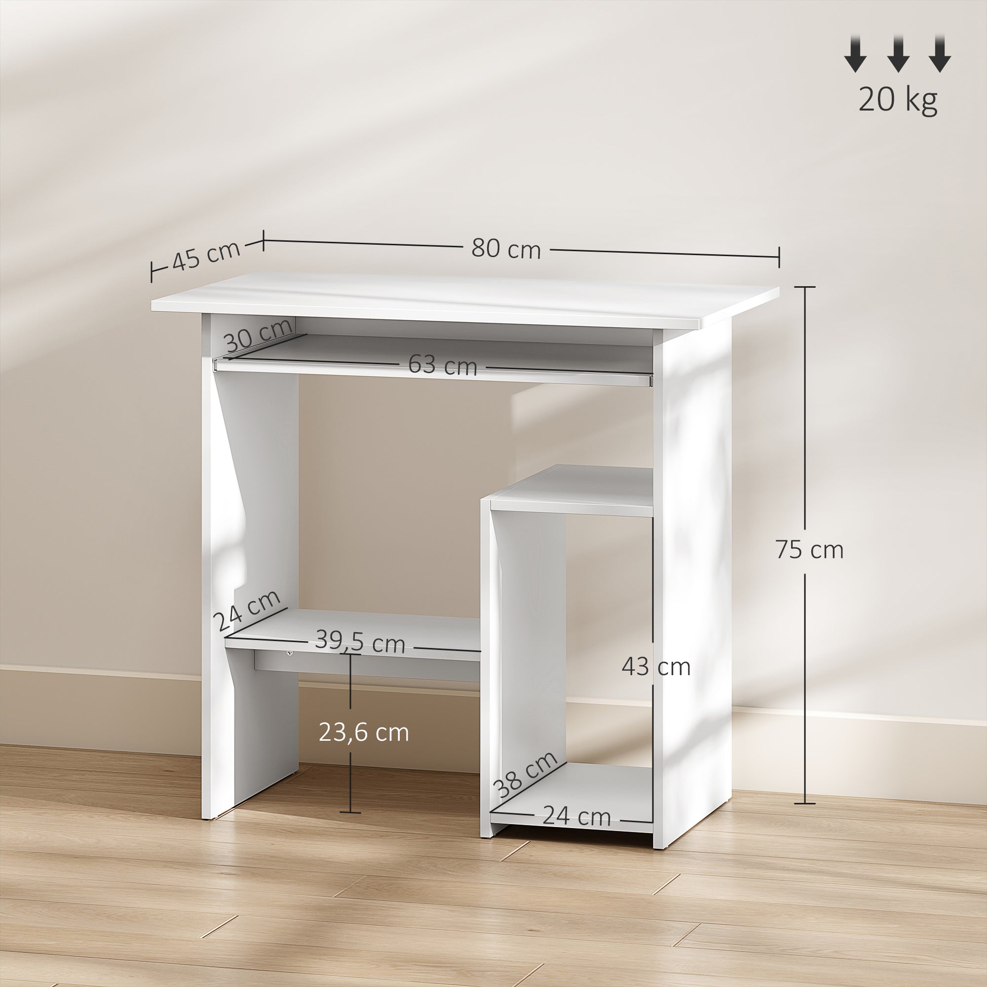 HOMCOM Computertisch, Schreibtisch, Spanplatte, Metall, 80 x 45 x 75 cm, Weiß
