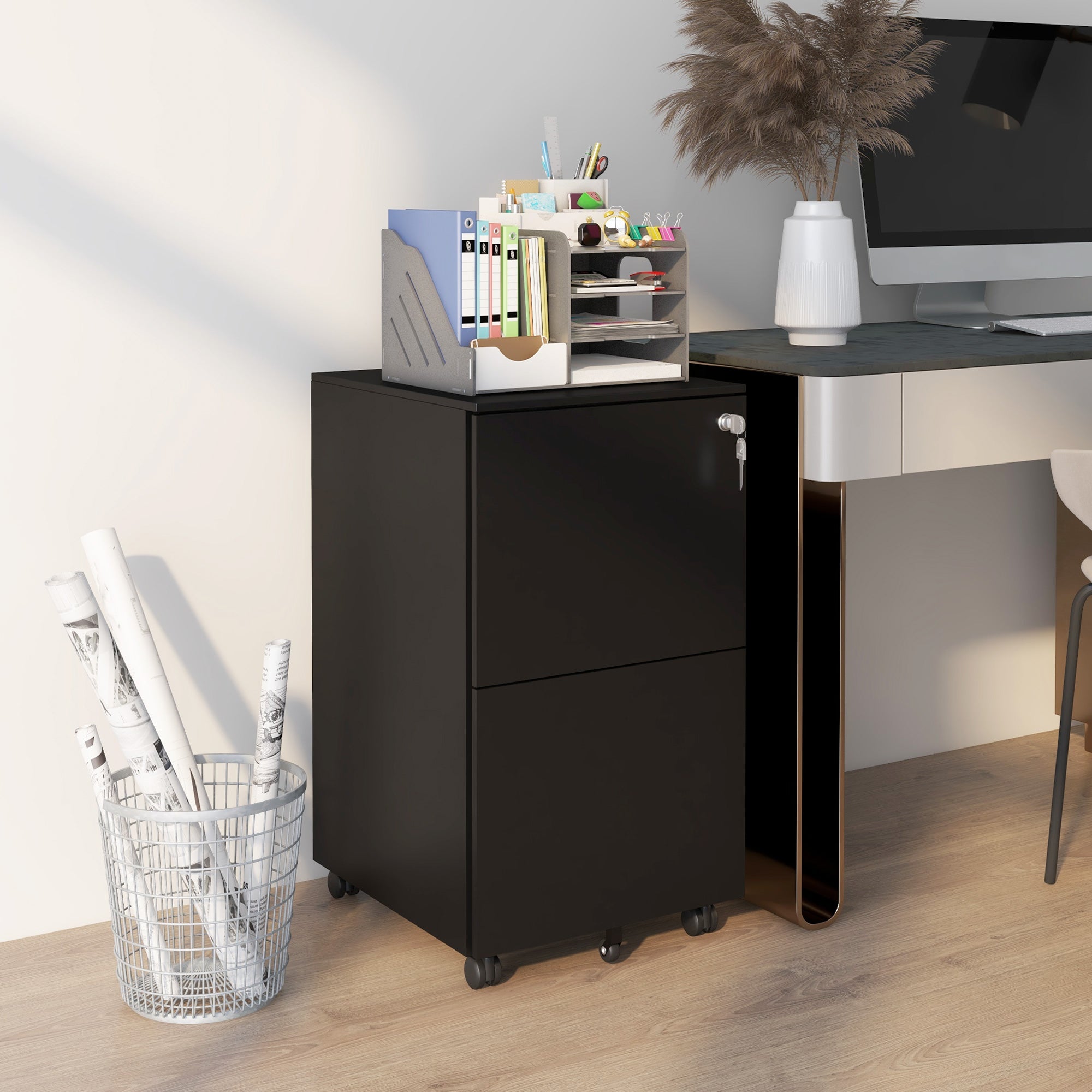 Vinsetto Rollcontainer Aktenschrank, 2 Schubladen, ab­schlie߭bar, rollbar, 37 cm x 43,5 cm x 67,5 cm, Schwarz