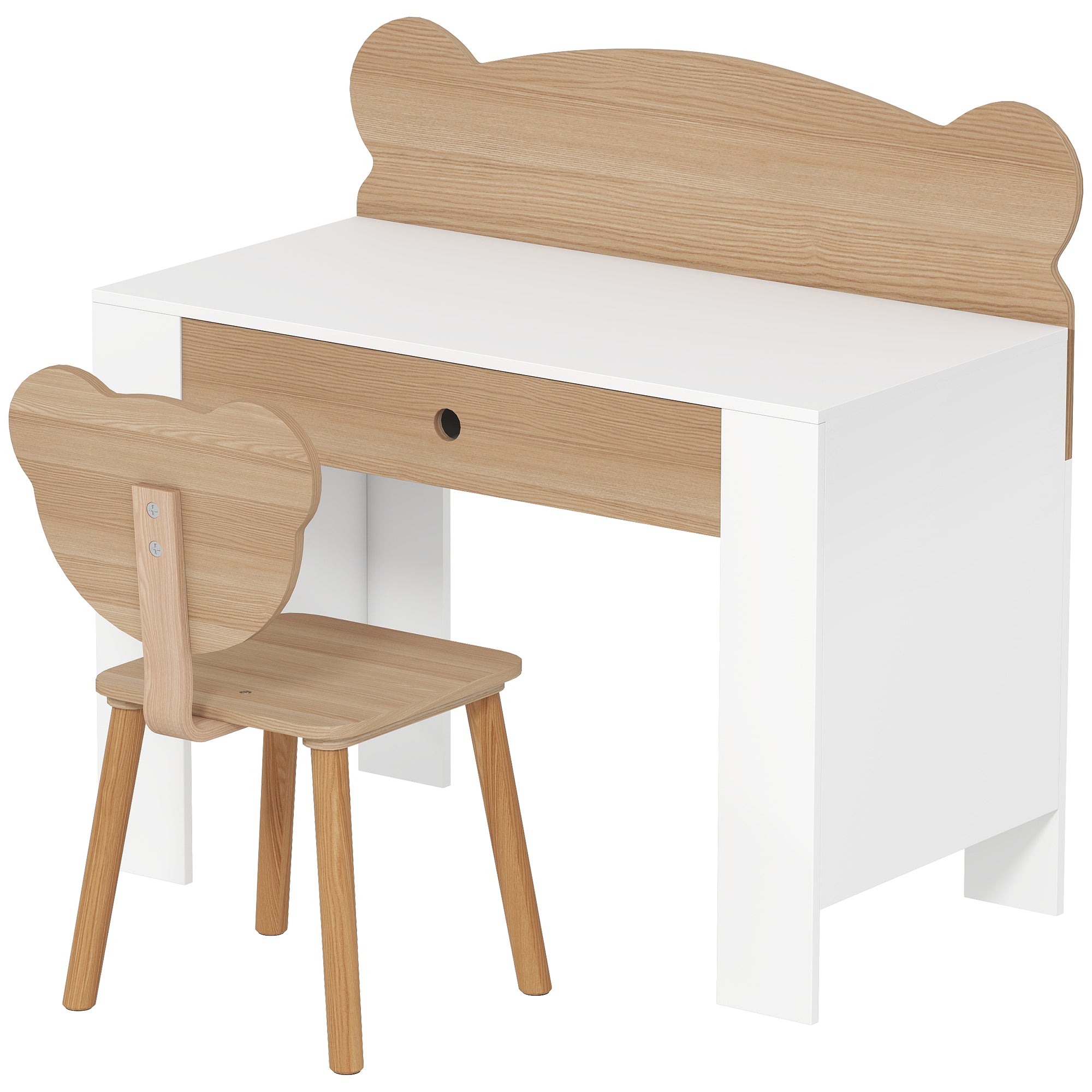 AIYAPLAY Schreibtisch-Set für Kinder, Arbeitstisch und Stuhl mit Bärenform, Schublade, zum Schreiben und Basteln, 3-8 Jahre, Naturholz
